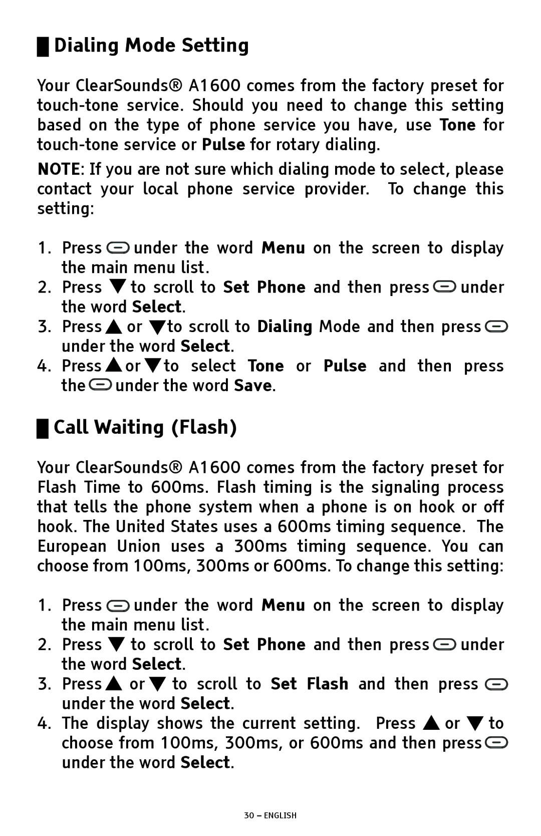 ClearSounds A1600 manual Dialing Mode Setting, Call Waiting Flash 