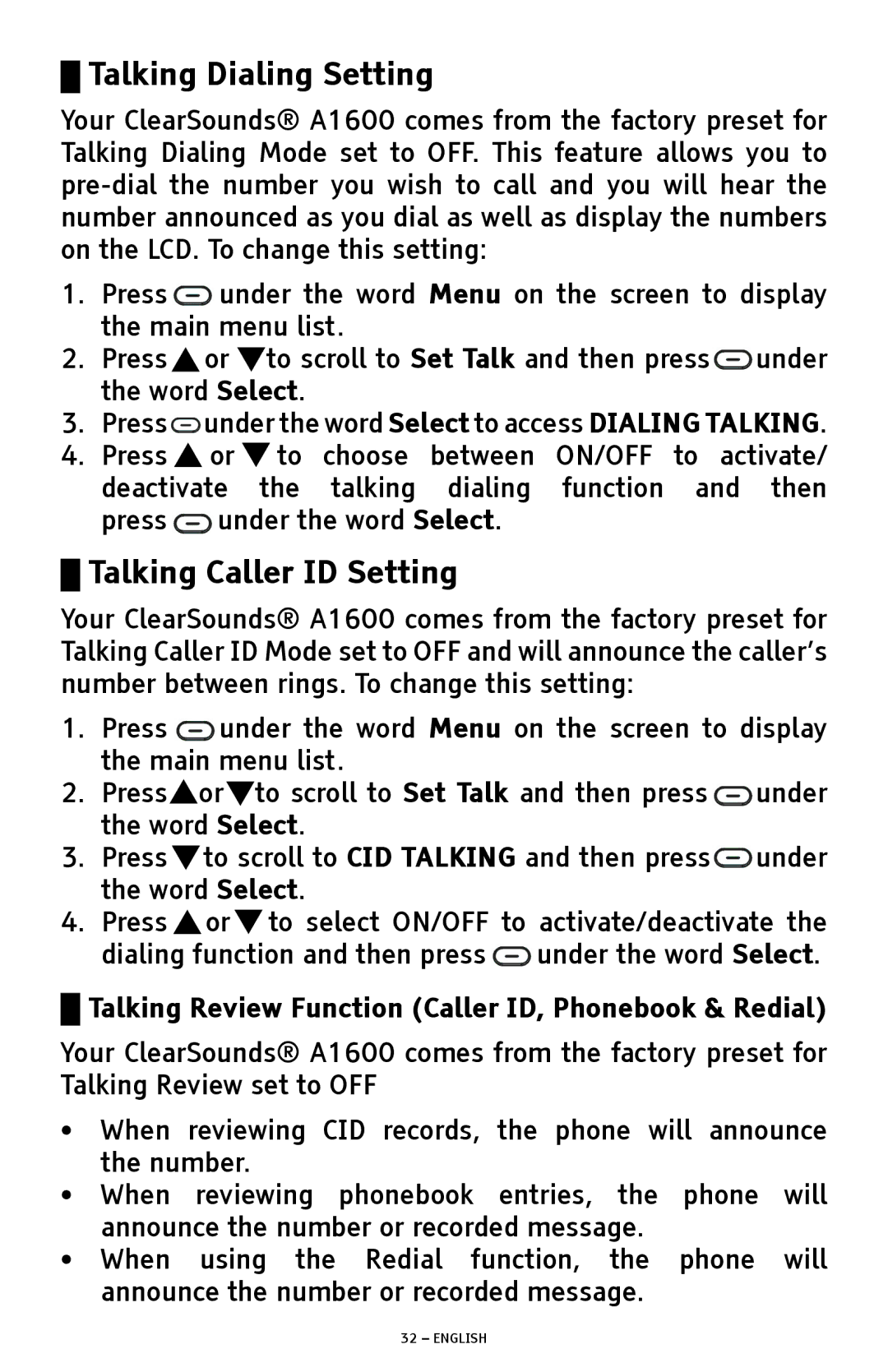 ClearSounds A1600 manual Talking Dialing Setting, Talking Caller ID Setting 