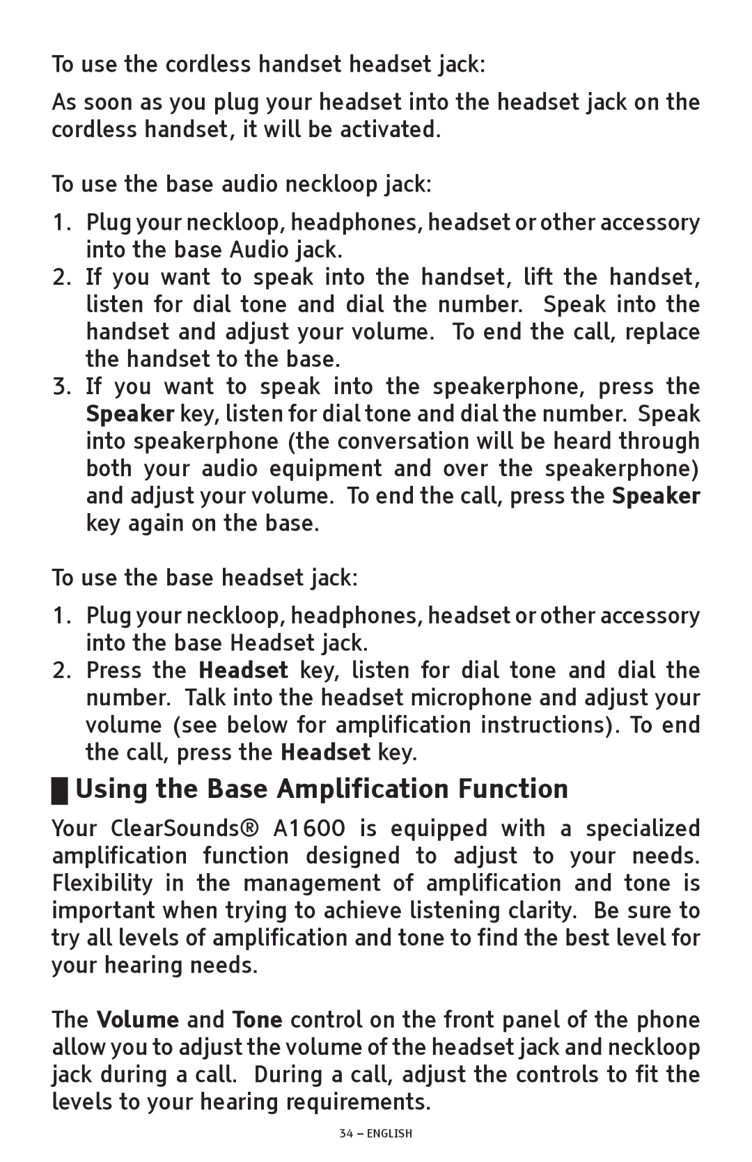 ClearSounds A1600 manual Using the Base Amplification Function 