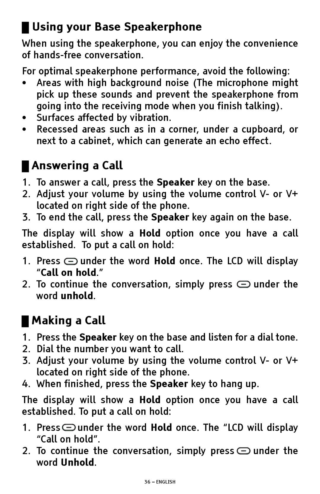 ClearSounds A1600 manual Using your Base Speakerphone, Answering a Call, Making a Call 