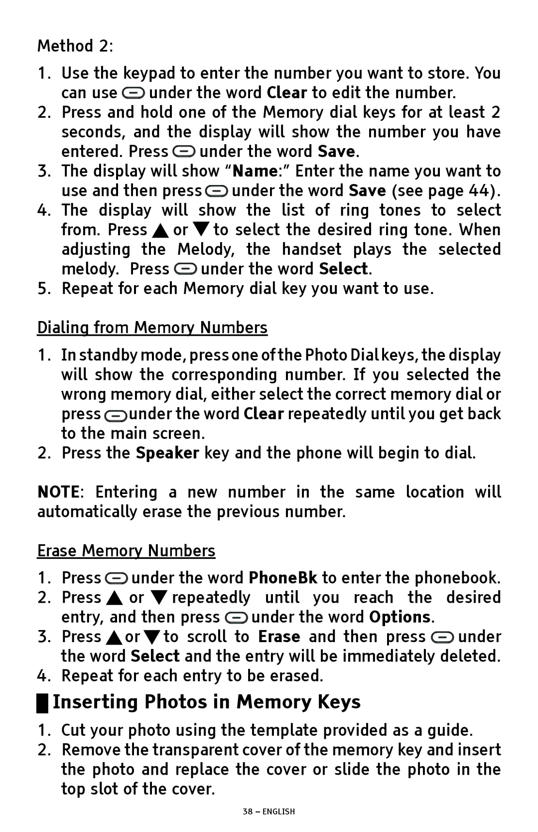 ClearSounds A1600 manual Inserting Photos in Memory Keys, Dialing from Memory Numbers, Erase Memory Numbers 