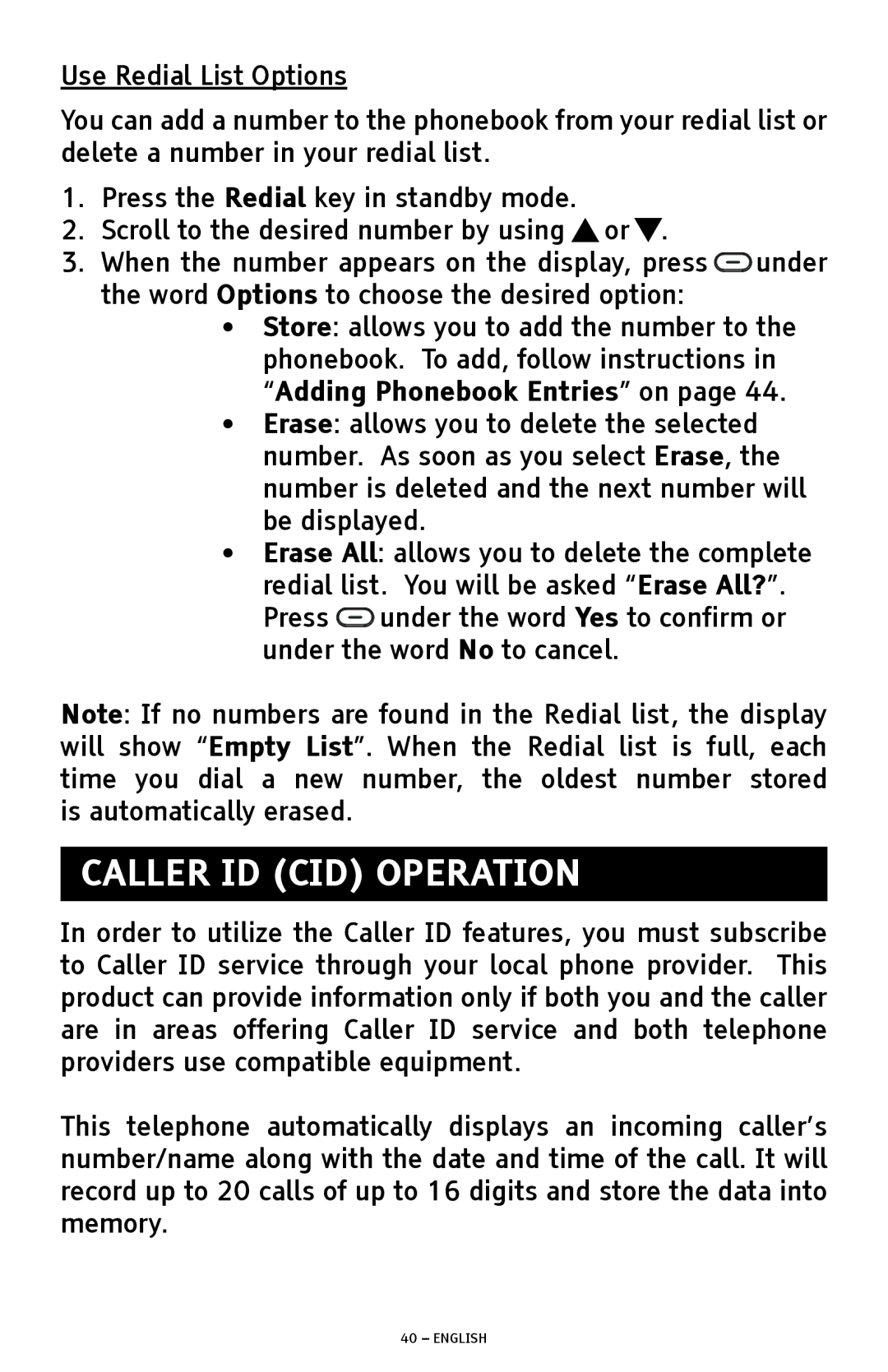 ClearSounds A1600 manual Caller ID CID Operation, Use Redial List Options 