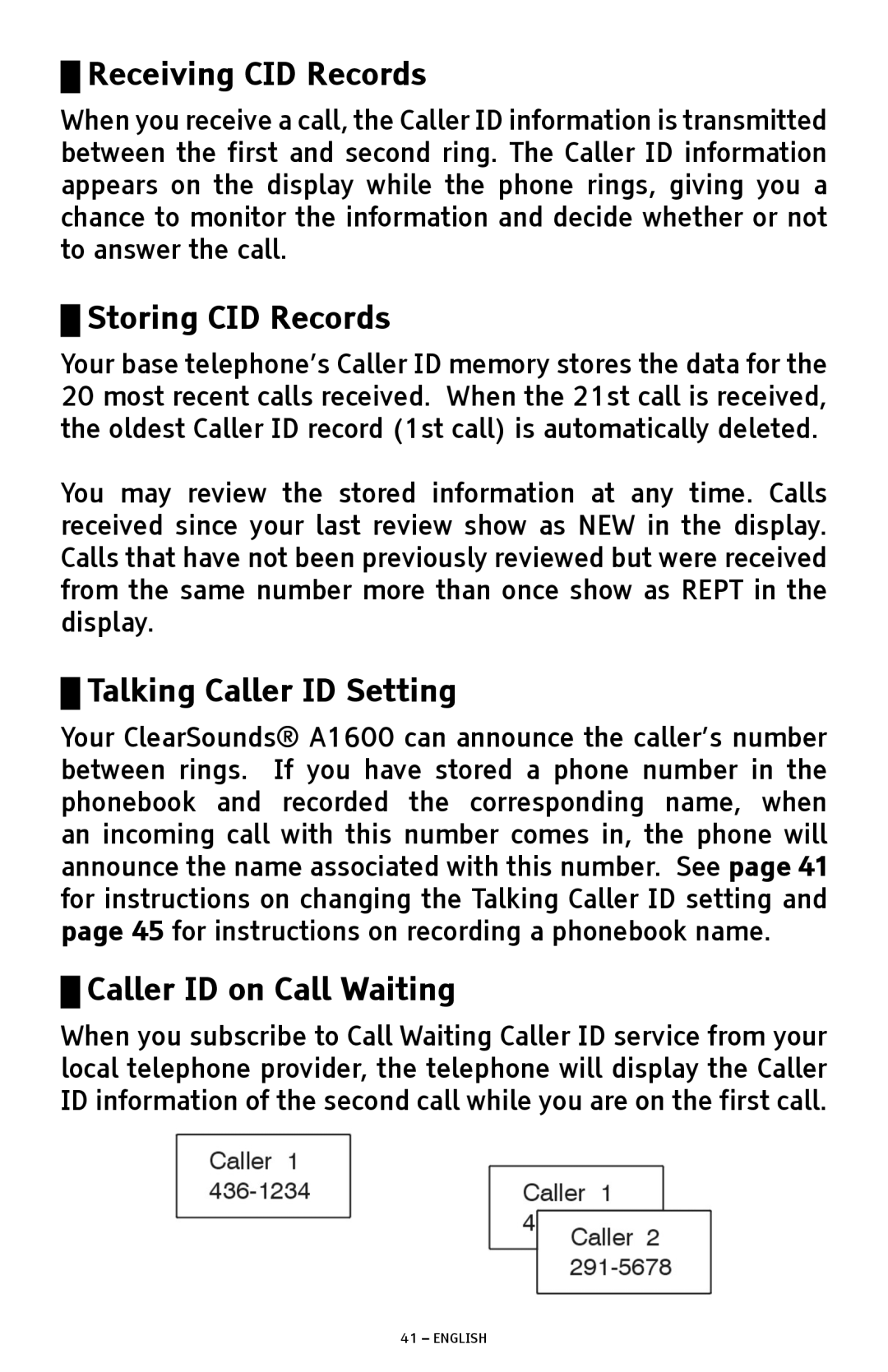 ClearSounds A1600 manual Receiving CID Records, Storing CID Records, Caller ID on Call Waiting 