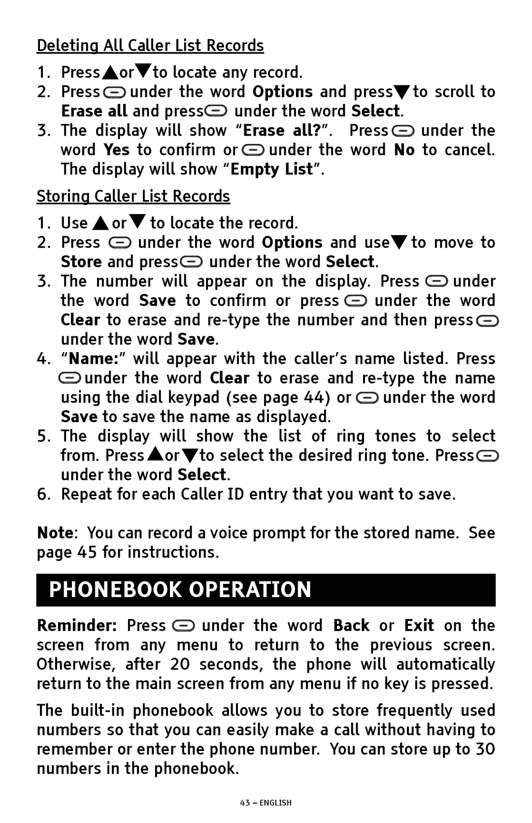 ClearSounds A1600 manual Phonebook Operation, Deleting All Caller List Records, Storing Caller List Records 