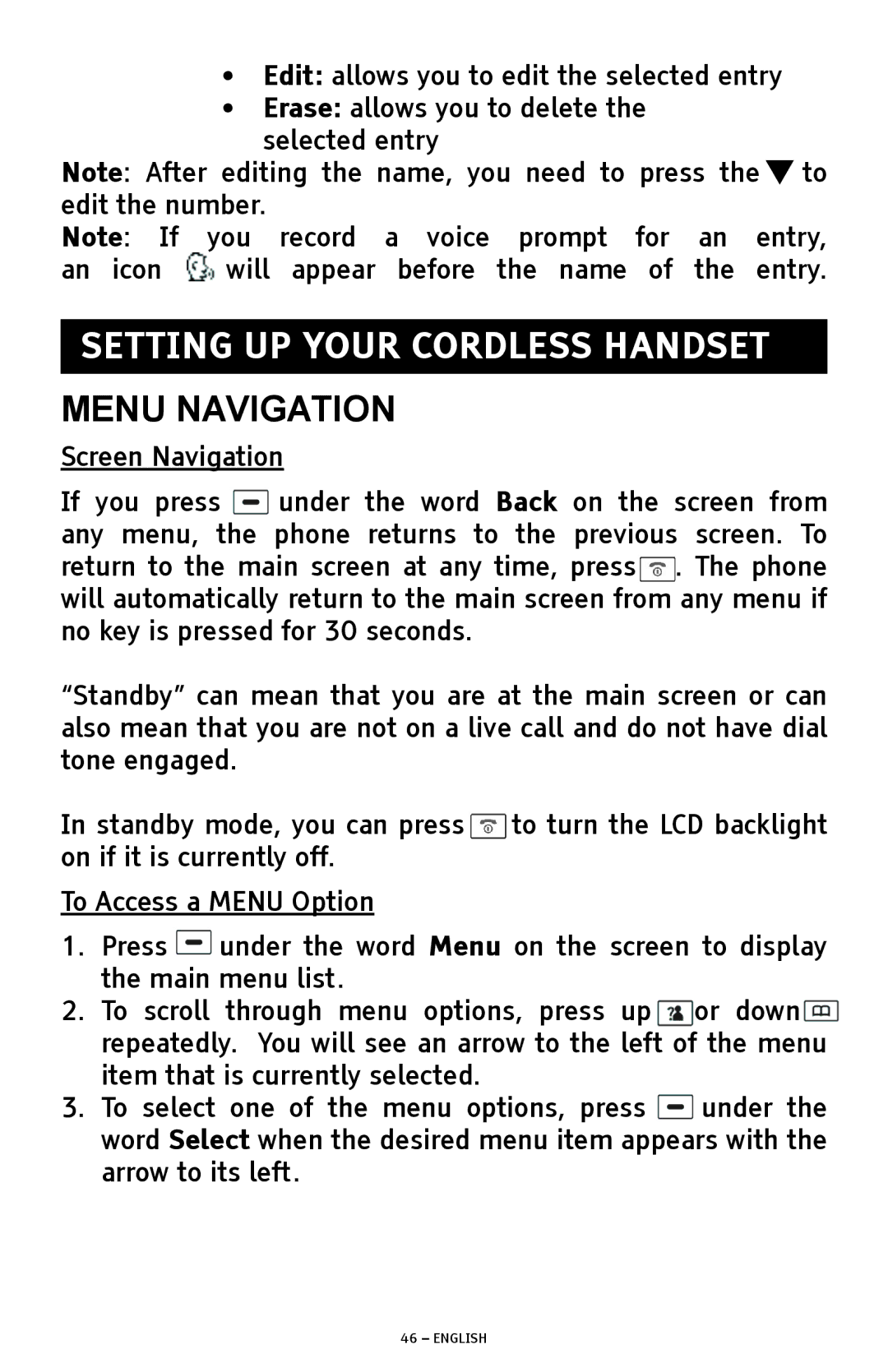 ClearSounds A1600 manual Setting UP Your Cordless Handset, Menu Navigation 