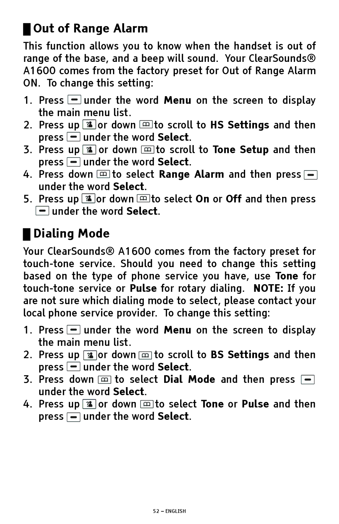 ClearSounds A1600 manual Out of Range Alarm, Dialing Mode 