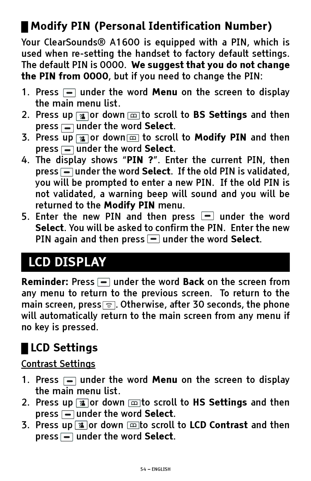 ClearSounds A1600 manual Modify PIN Personal Identification Number, LCD Settings, Contrast Settings 