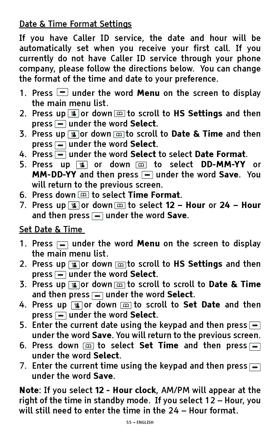 ClearSounds A1600 manual Date & Time Format Settings, Set Date & Time 