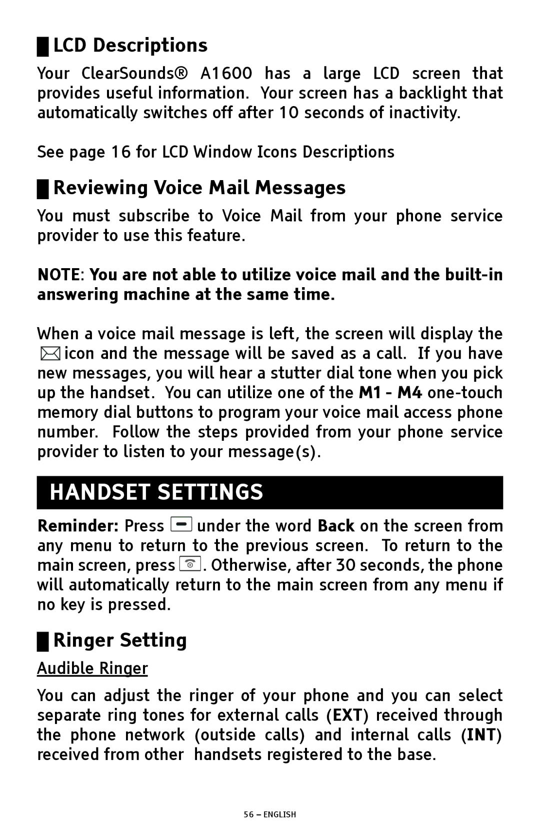 ClearSounds A1600 manual Handset Settings, LCD Descriptions 