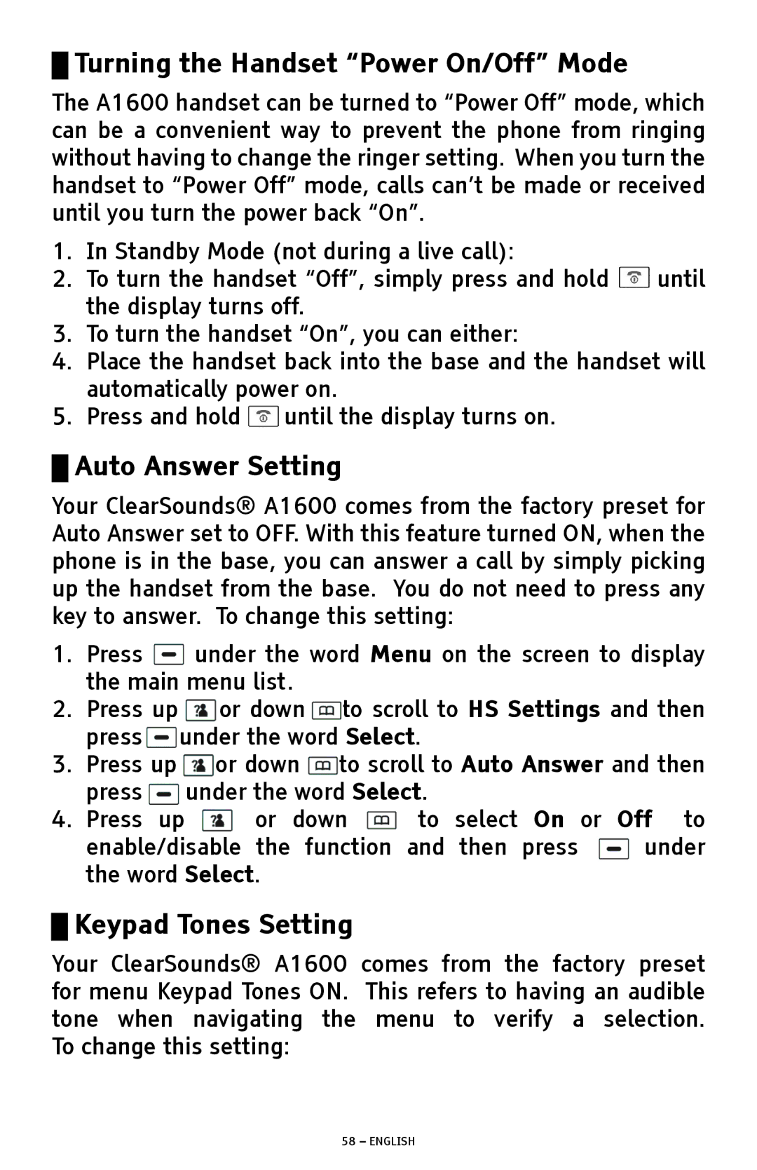 ClearSounds A1600 manual Turning the Handset Power On/Off Mode, Auto Answer Setting 