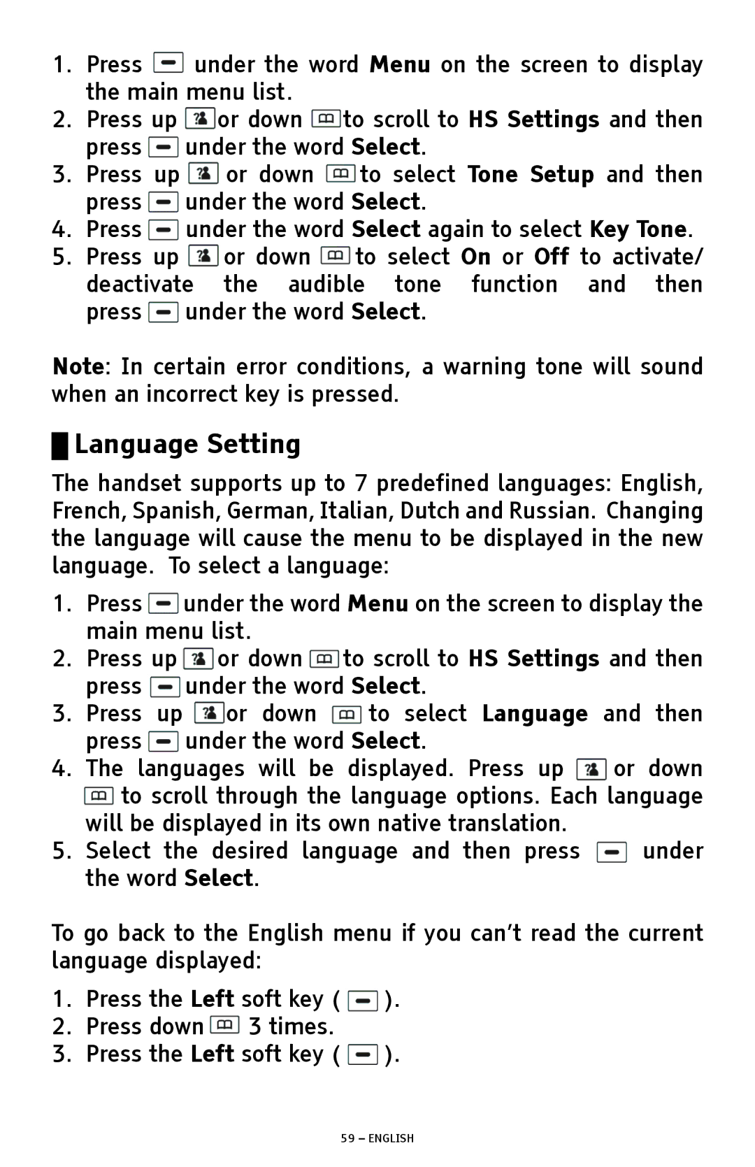 ClearSounds A1600 manual Language Setting 