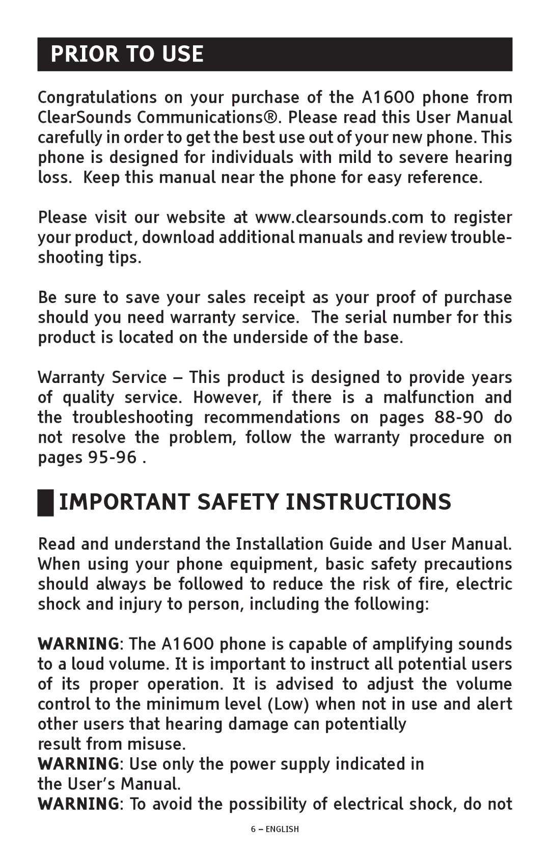 ClearSounds A1600 manual Prior to USE, Important Safety Instructions 