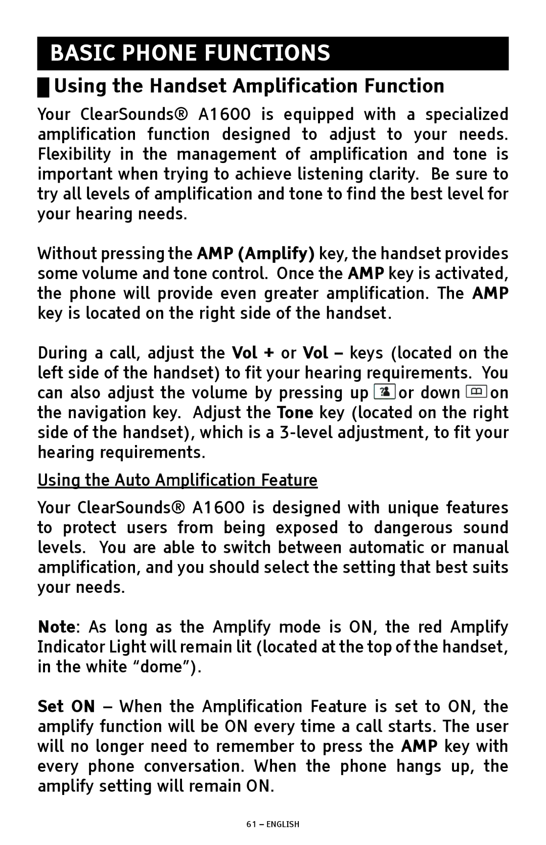 ClearSounds A1600 manual Using the Handset Amplification Function, Using the Auto Amplification Feature 