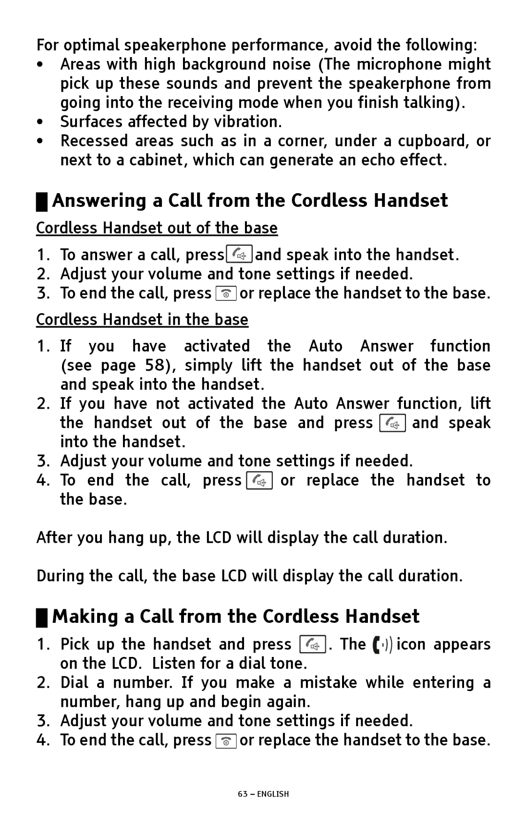 ClearSounds A1600 manual Answering a Call from the Cordless Handset, Making a Call from the Cordless Handset 