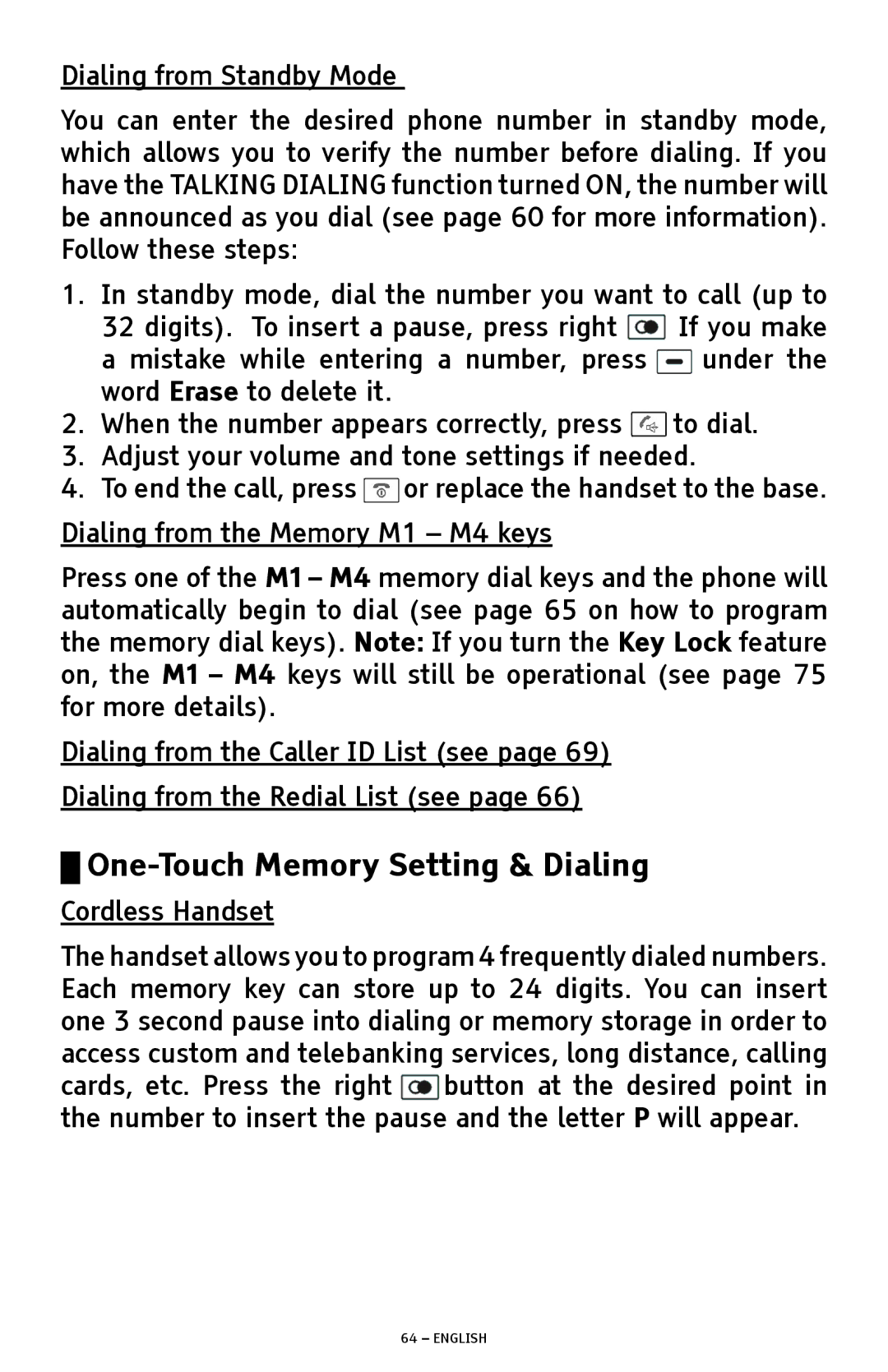 ClearSounds A1600 manual Dialing from the Memory M1 M4 keys, Cordless Handset 