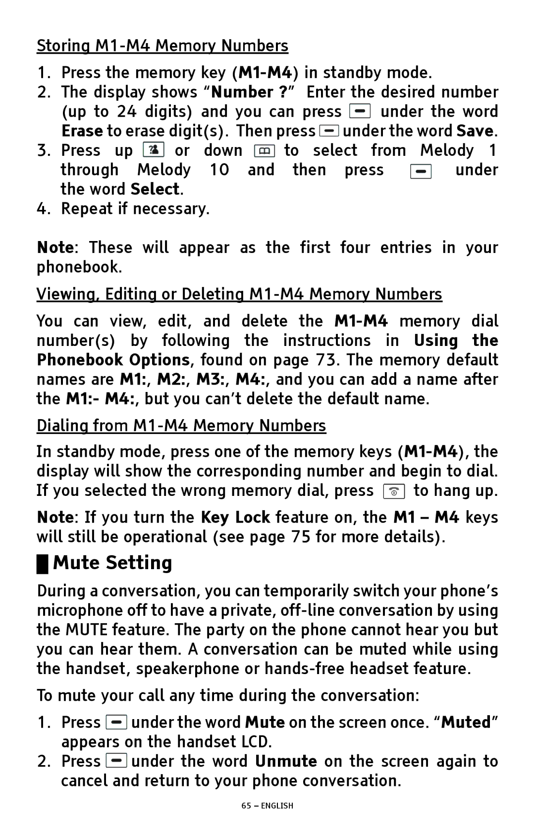 ClearSounds A1600 manual Storing M1-M4 Memory Numbers, Viewing, Editing or Deleting M1-M4 Memory Numbers 