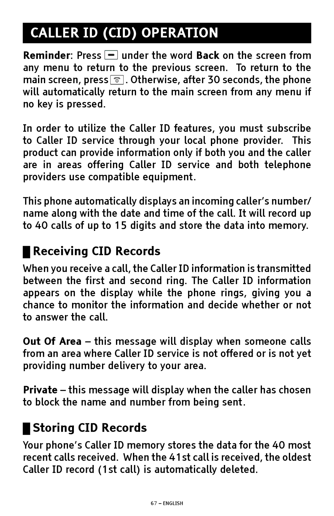 ClearSounds A1600 manual Caller ID CID Operation 