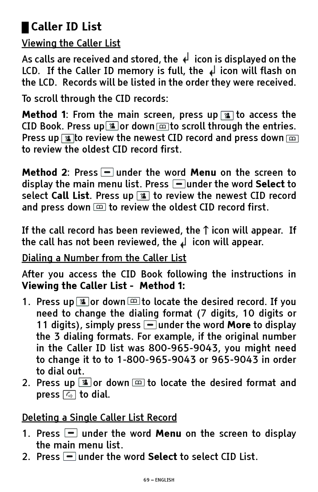 ClearSounds A1600 manual Caller ID List, Viewing the Caller List Method 