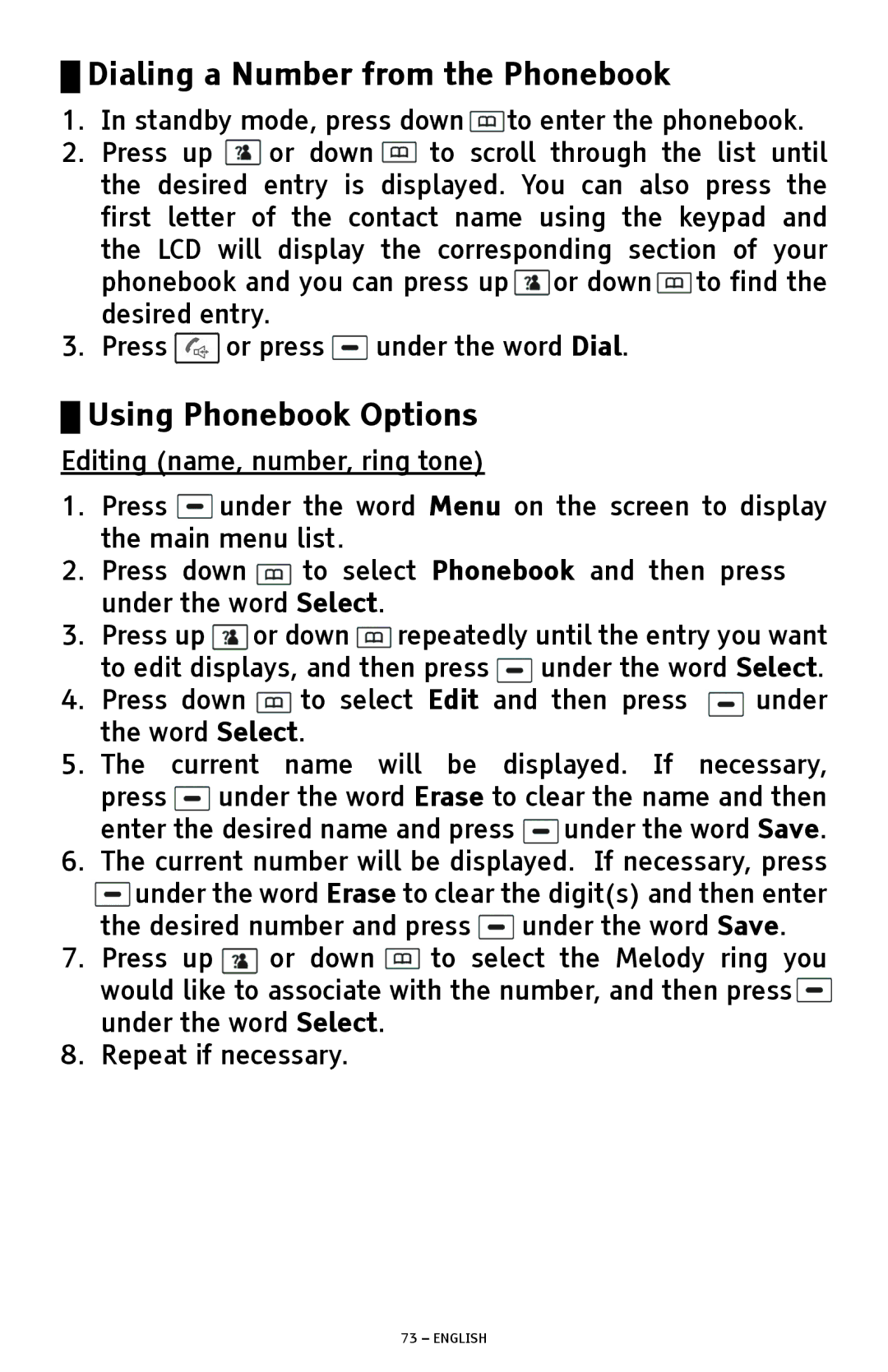 ClearSounds A1600 manual Dialing a Number from the Phonebook, Editing name, number, ring tone 