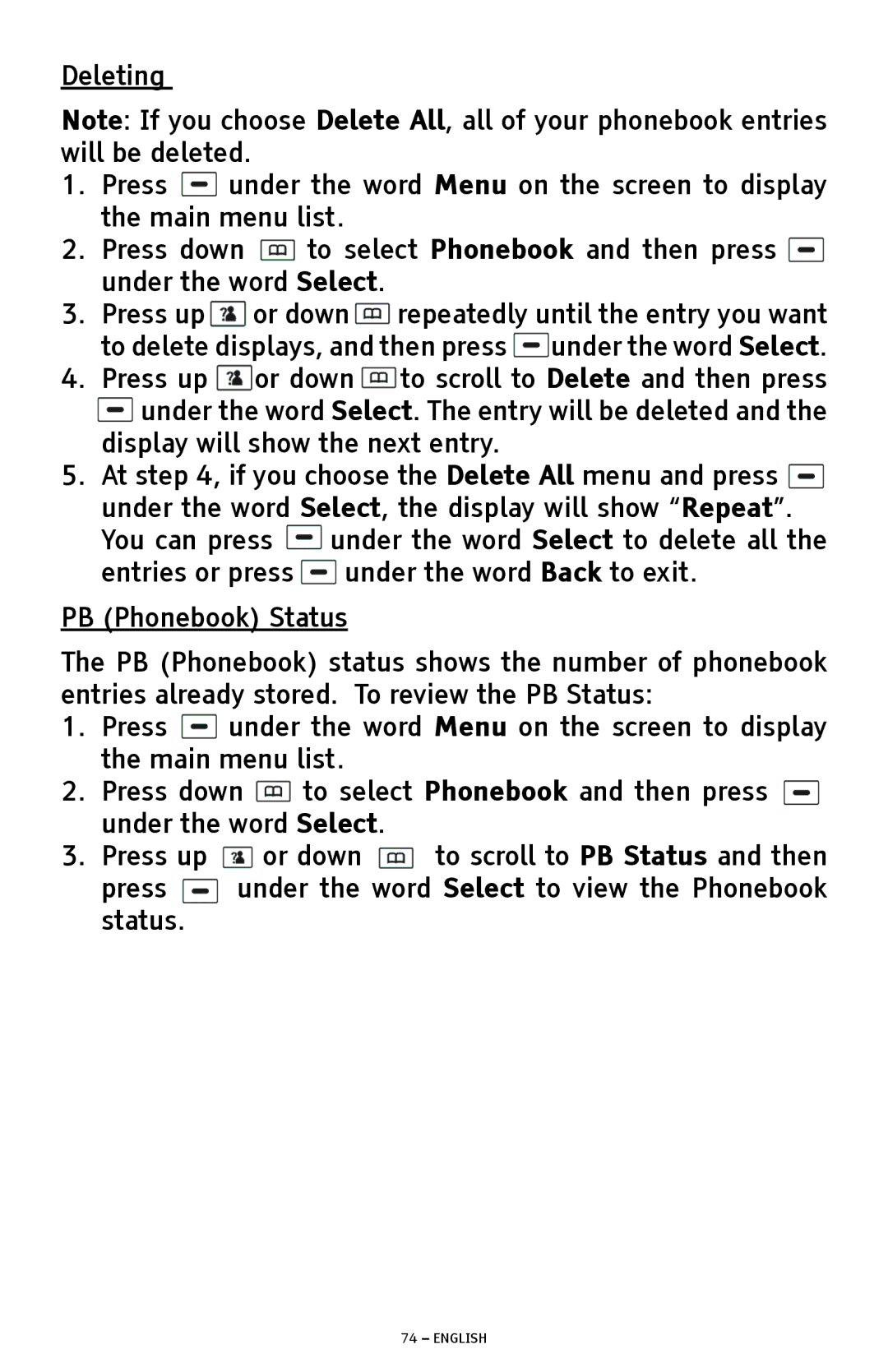 ClearSounds A1600 manual Deleting, PB Phonebook Status 