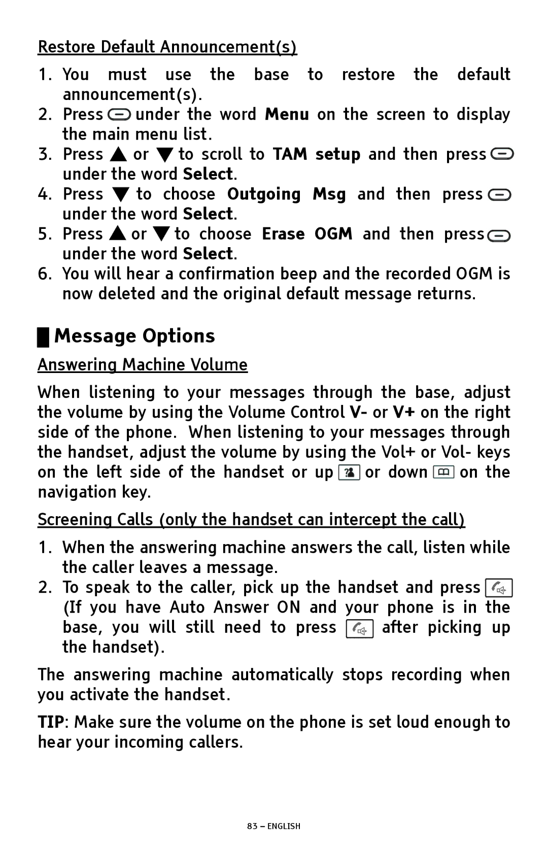 ClearSounds A1600 manual Message Options, Restore Default Announcements, Answering Machine Volume 