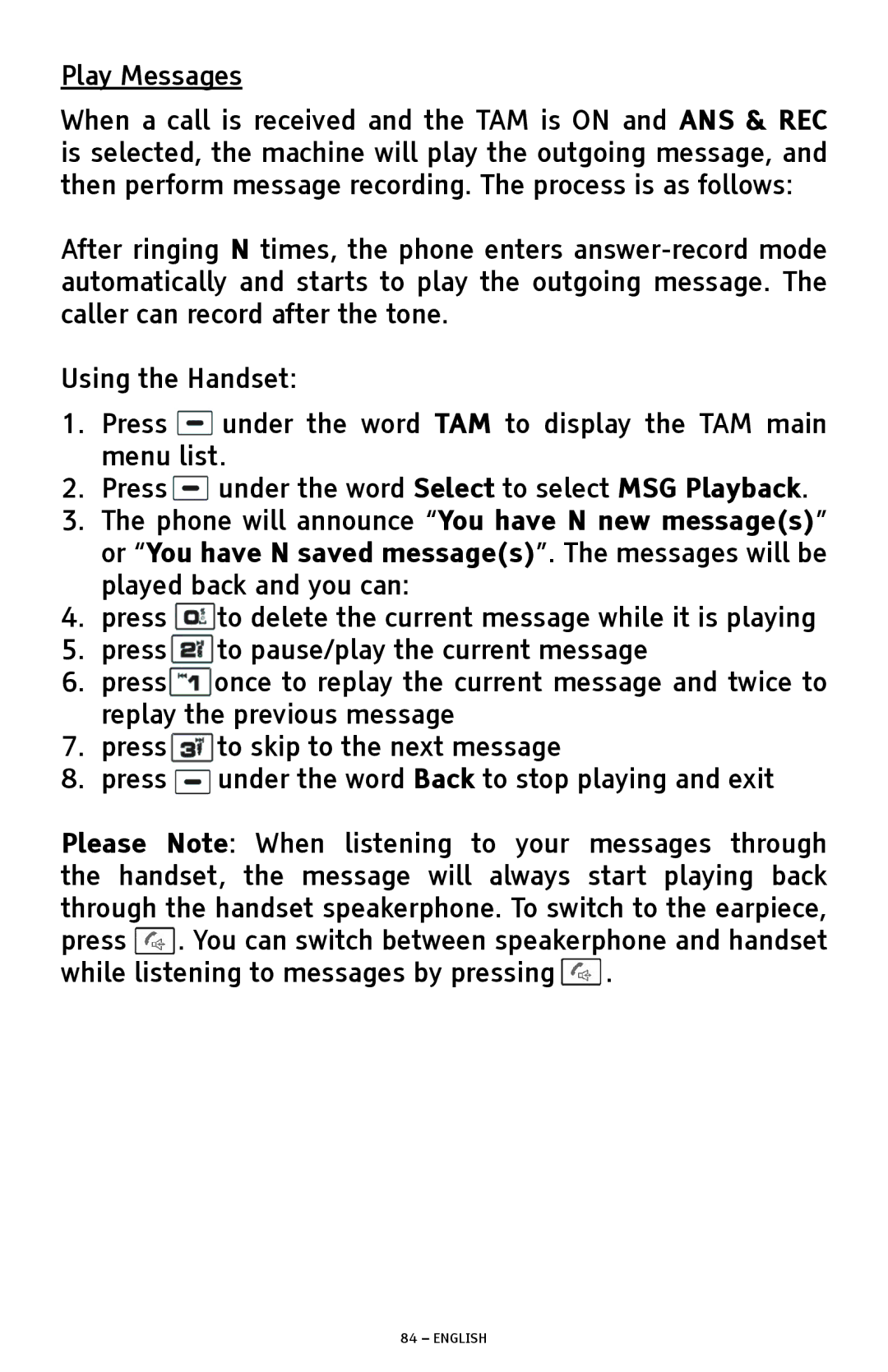 ClearSounds A1600 manual Play Messages 