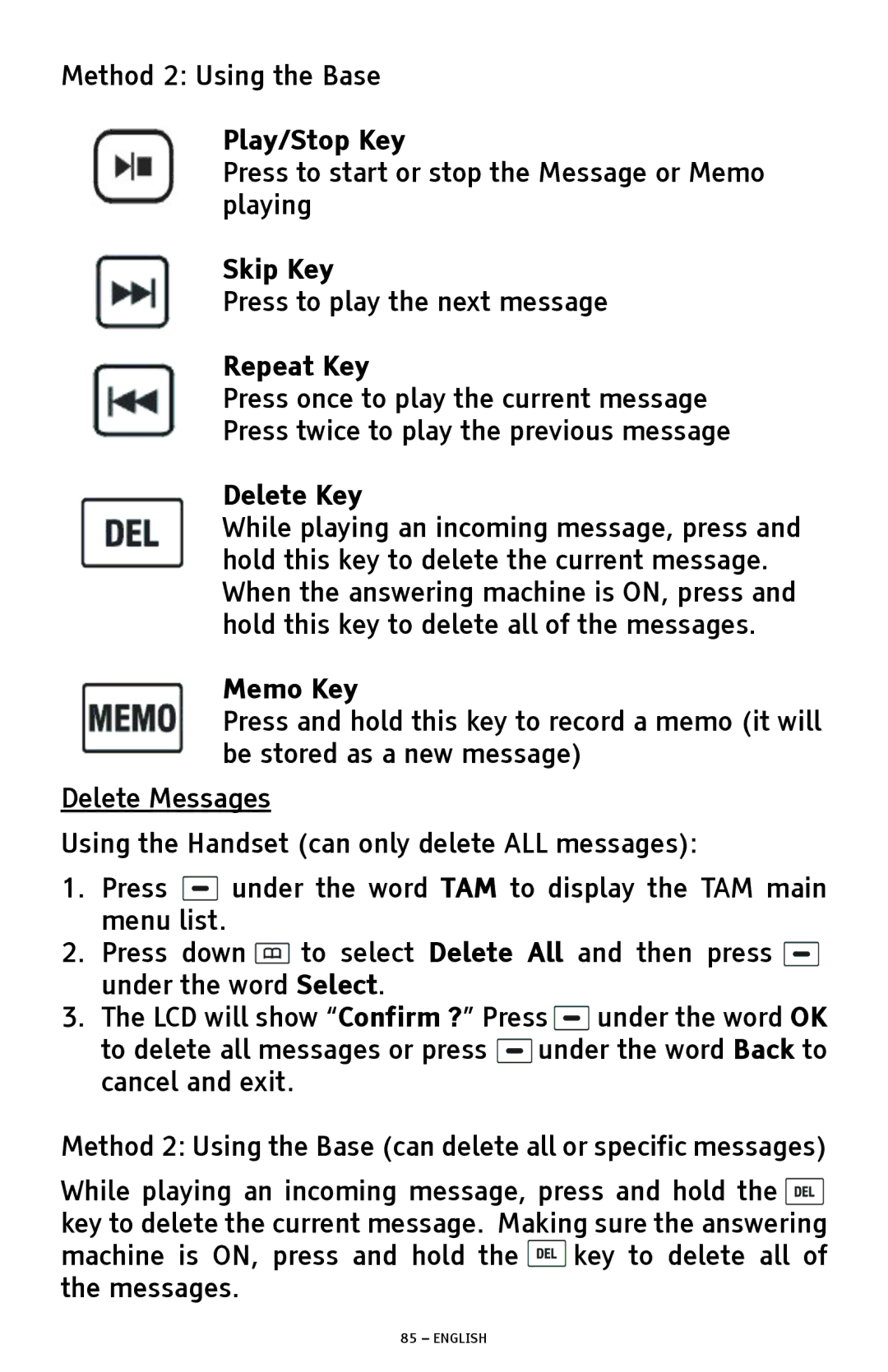 ClearSounds A1600 manual Play/Stop Key, Delete Messages 