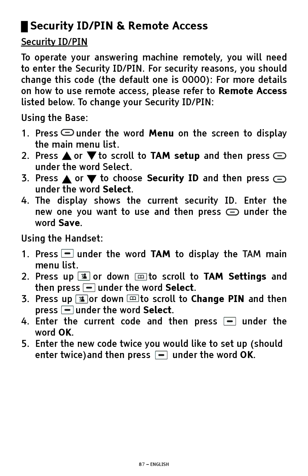 ClearSounds A1600 manual Security ID/PIN & Remote Access 