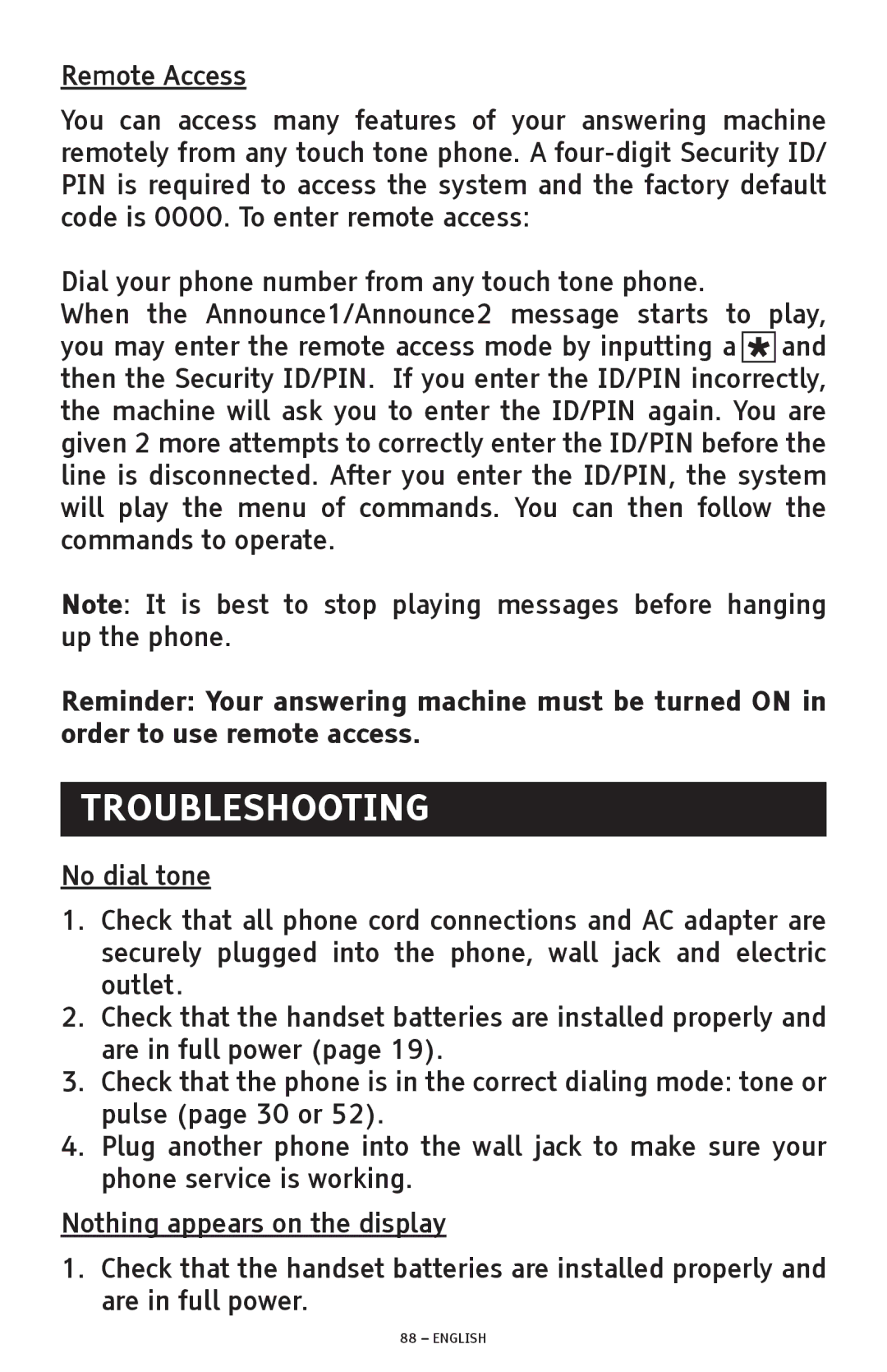 ClearSounds A1600 manual Troubleshooting, Remote Access, No dial tone, Nothing appears on the display 