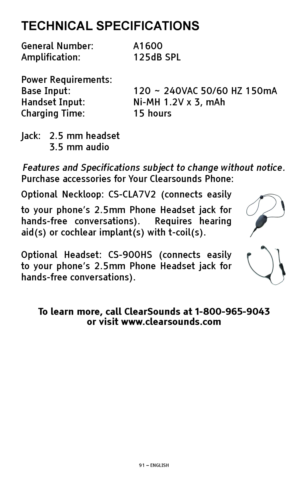 ClearSounds A1600 manual Technical Specifications, To learn more, call ClearSounds at 