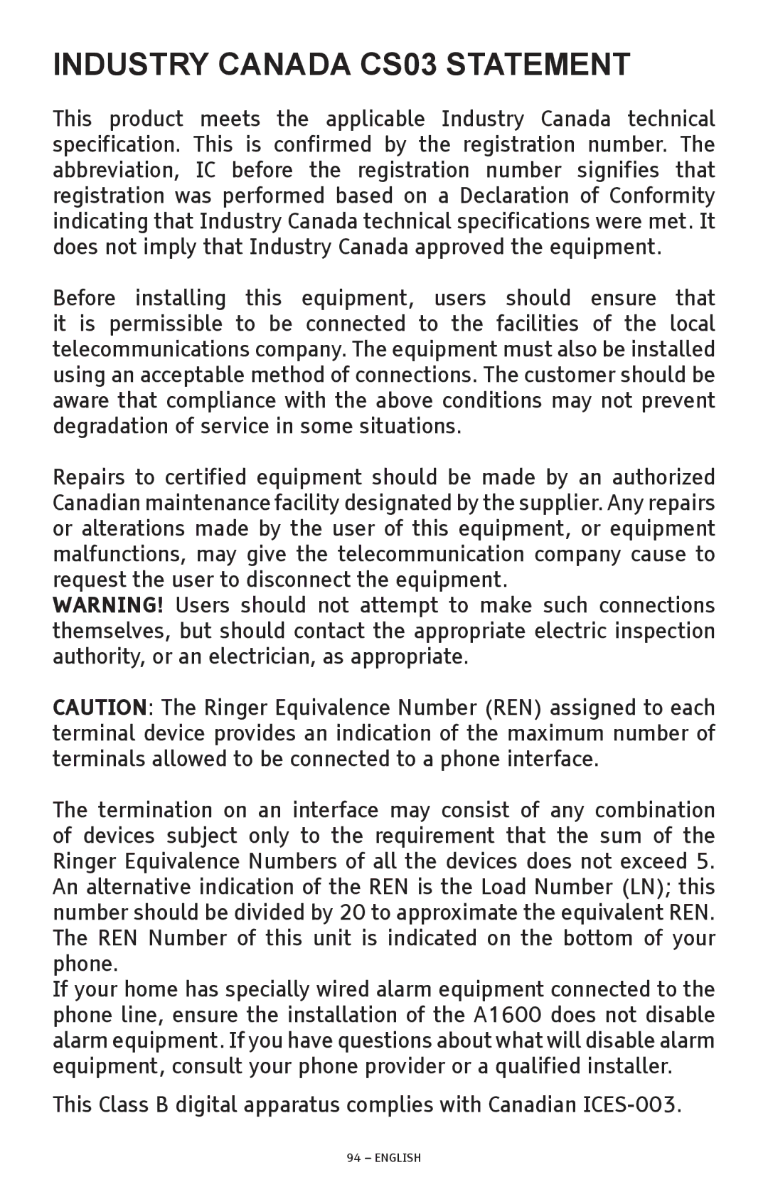 ClearSounds A1600 manual Industry Canada CS03 Statement 