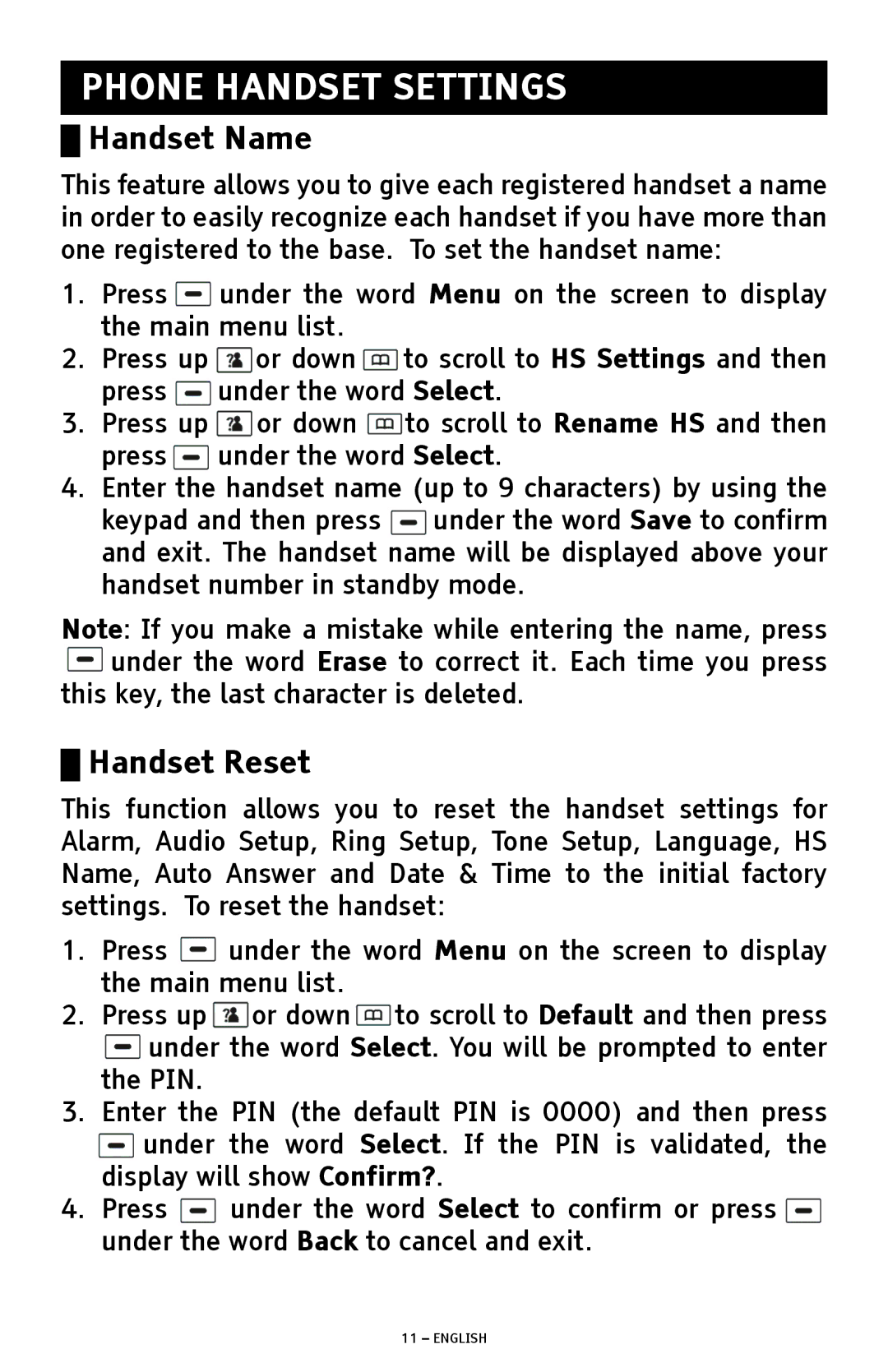 ClearSounds A1600E operating instructions Phone Handset Settings, Handset Name, Handset Reset 