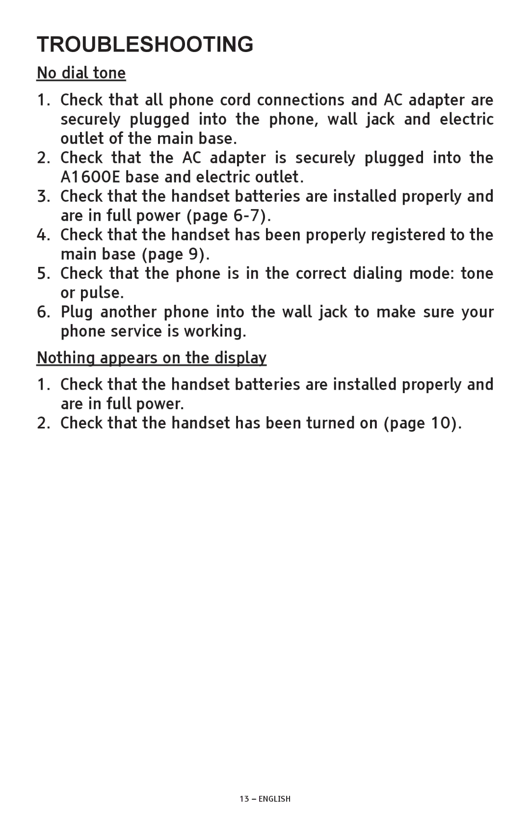 ClearSounds A1600E operating instructions Troubleshooting, No dial tone, Nothing appears on the display 