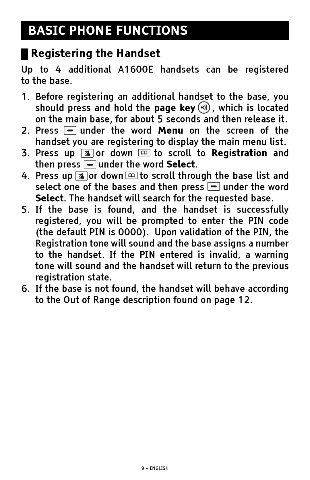 ClearSounds A1600E operating instructions Basic Phone Functions, Registering the Handset 