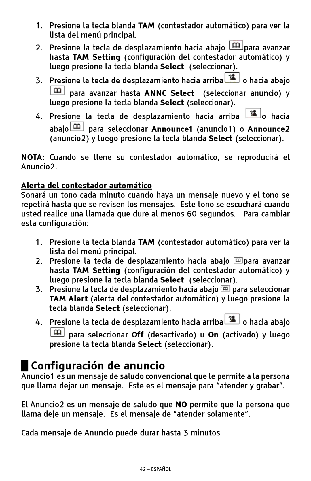 ClearSounds A300 manual Configuración de anuncio, Alerta del contestador automático 