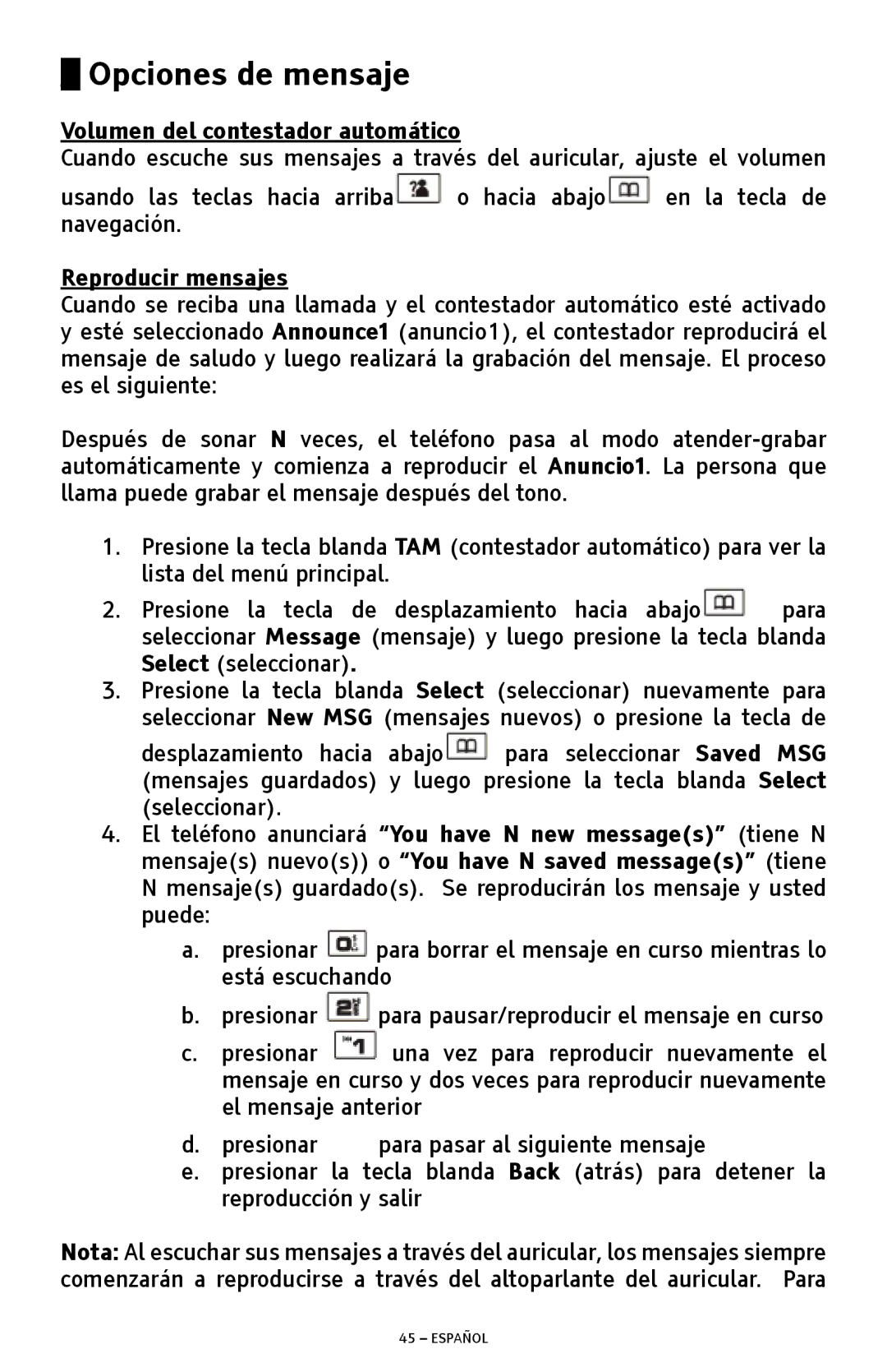 ClearSounds A300 manual Opciones de mensaje, Volumen del contestador automático, Reproducir mensajes 