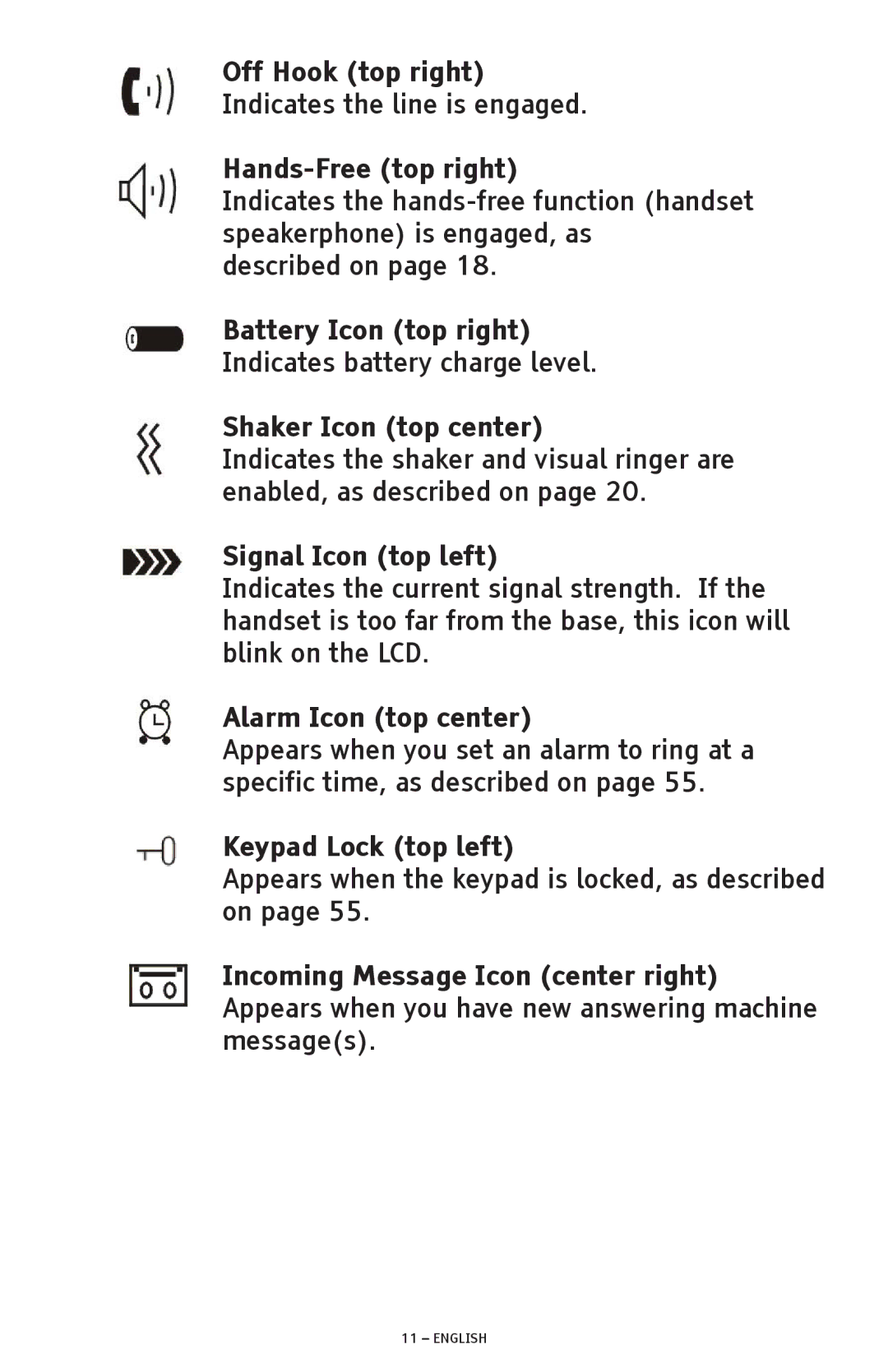 ClearSounds A300 manual Off Hook top right, Hands-Free top right, Battery Icon top right, Shaker Icon top center 