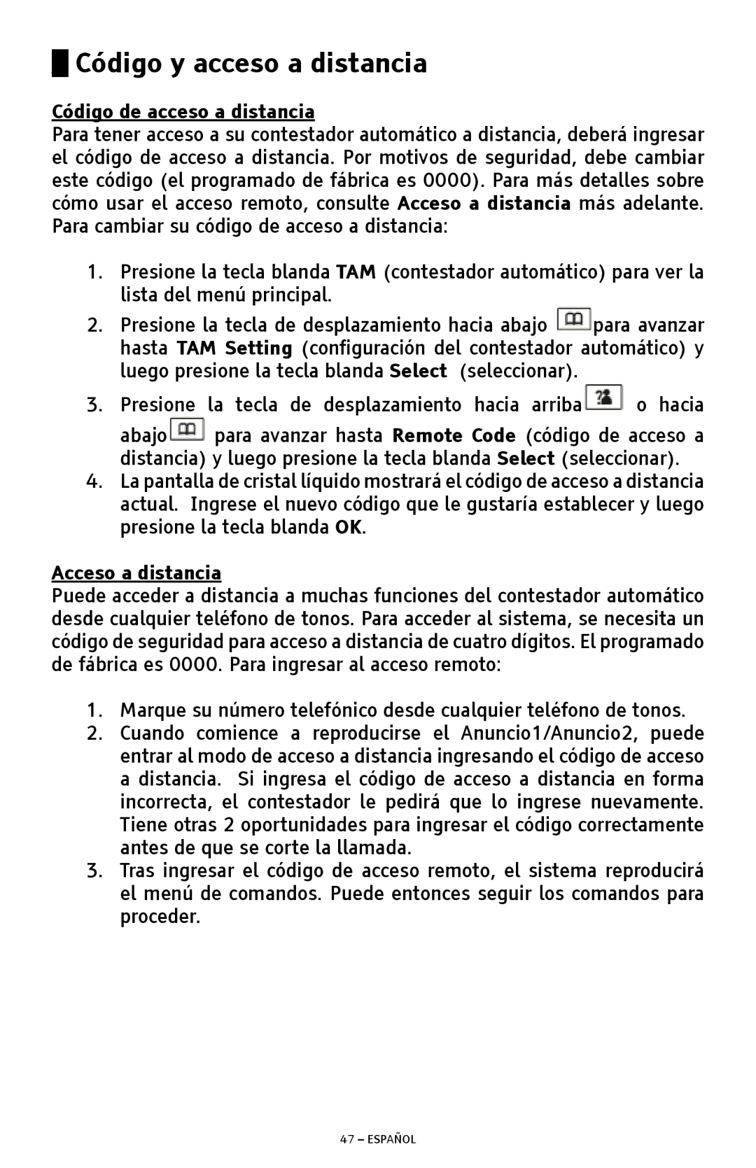 ClearSounds A300 manual Código y acceso a distancia, Código de acceso a distancia, Acceso a distancia 