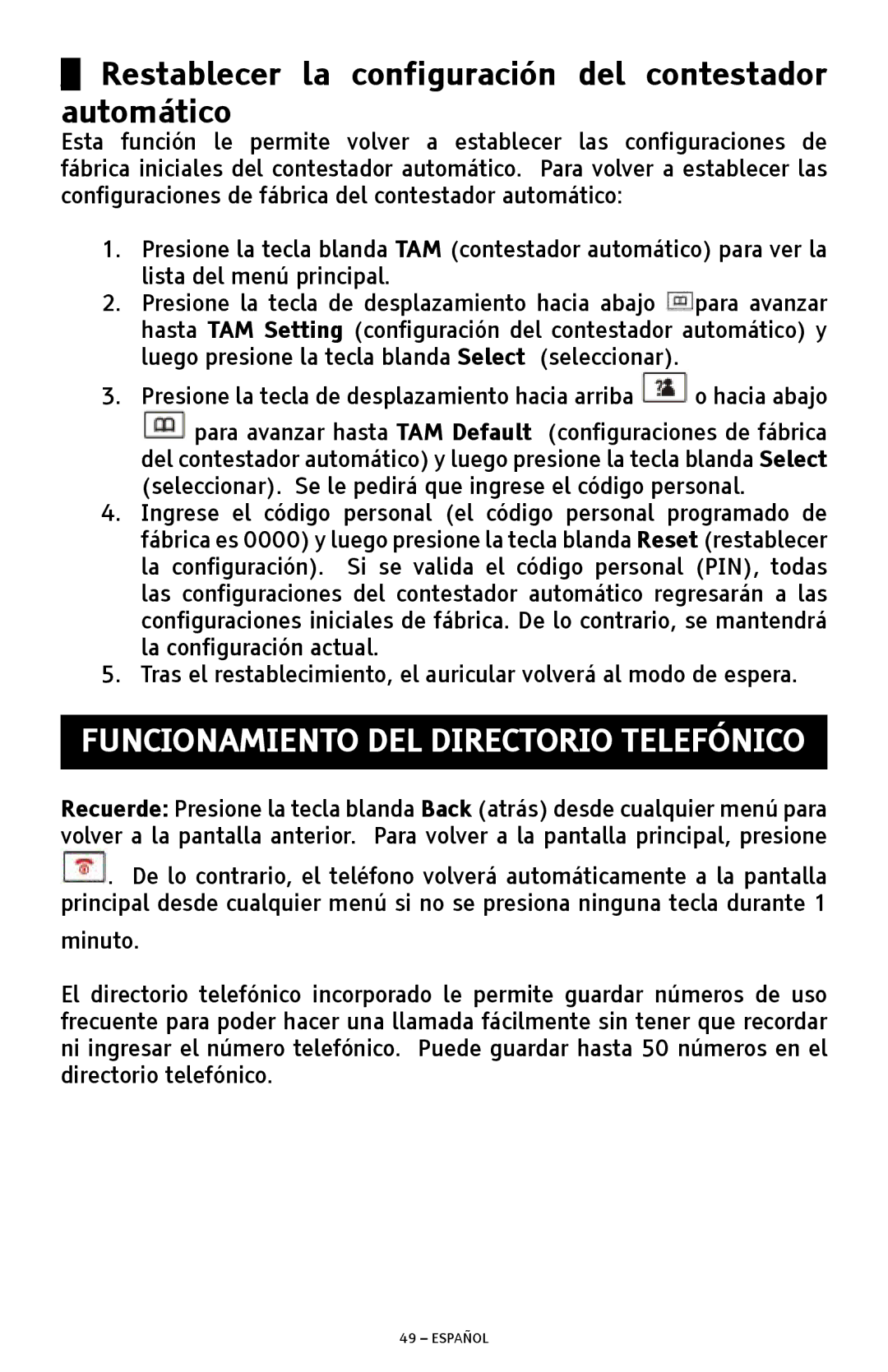 ClearSounds A300 manual Restablecer la configuración del contestador automático, Funcionamiento DEL Directorio Telefónico 