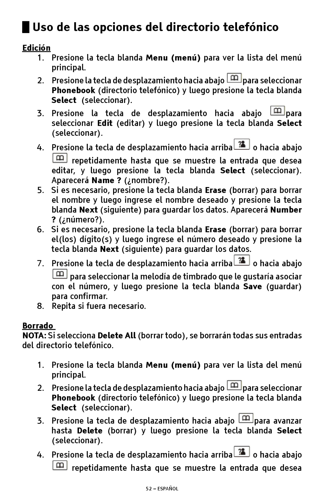 ClearSounds A300 manual Uso de las opciones del directorio telefónico, Edición, Borrado 