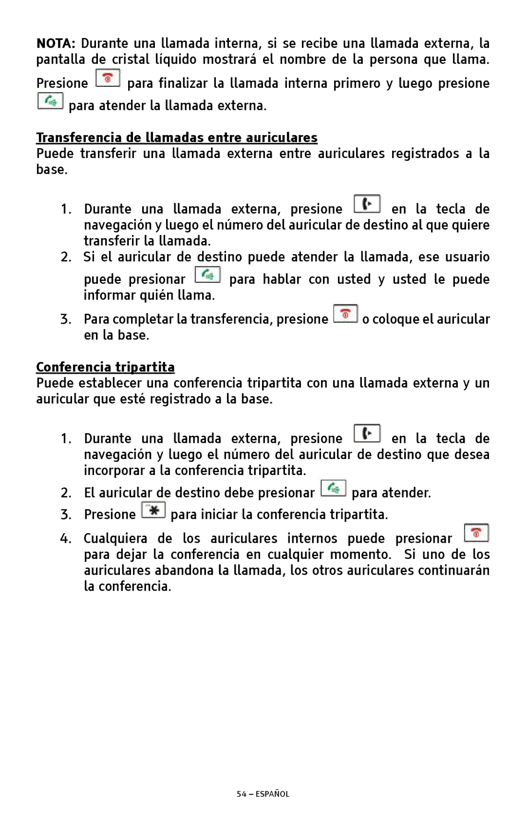 ClearSounds A300 manual Transferencia de llamadas entre auriculares, Conferencia tripartita 