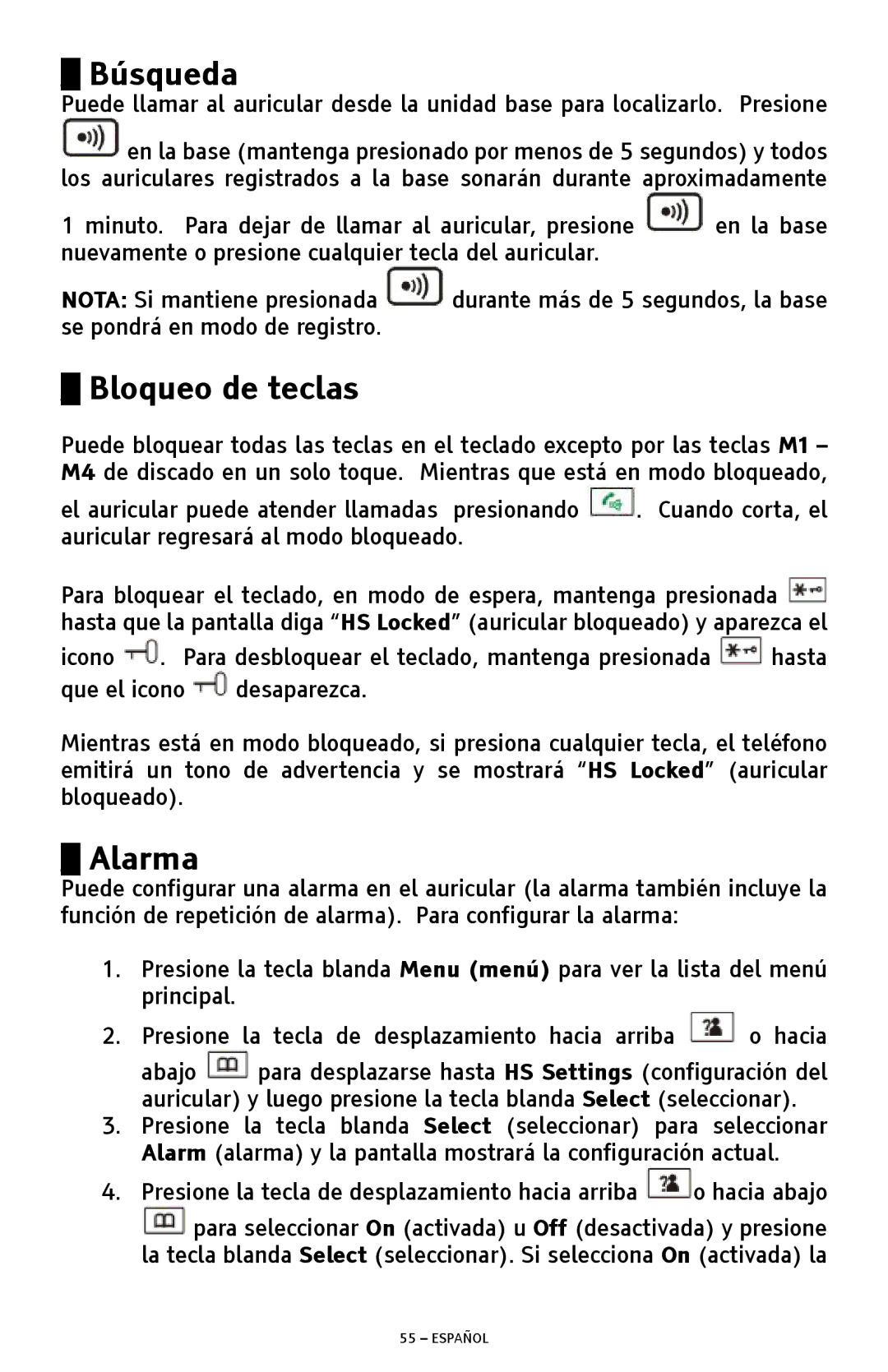 ClearSounds A300 manual Búsqueda, Bloqueo de teclas, Alarma 