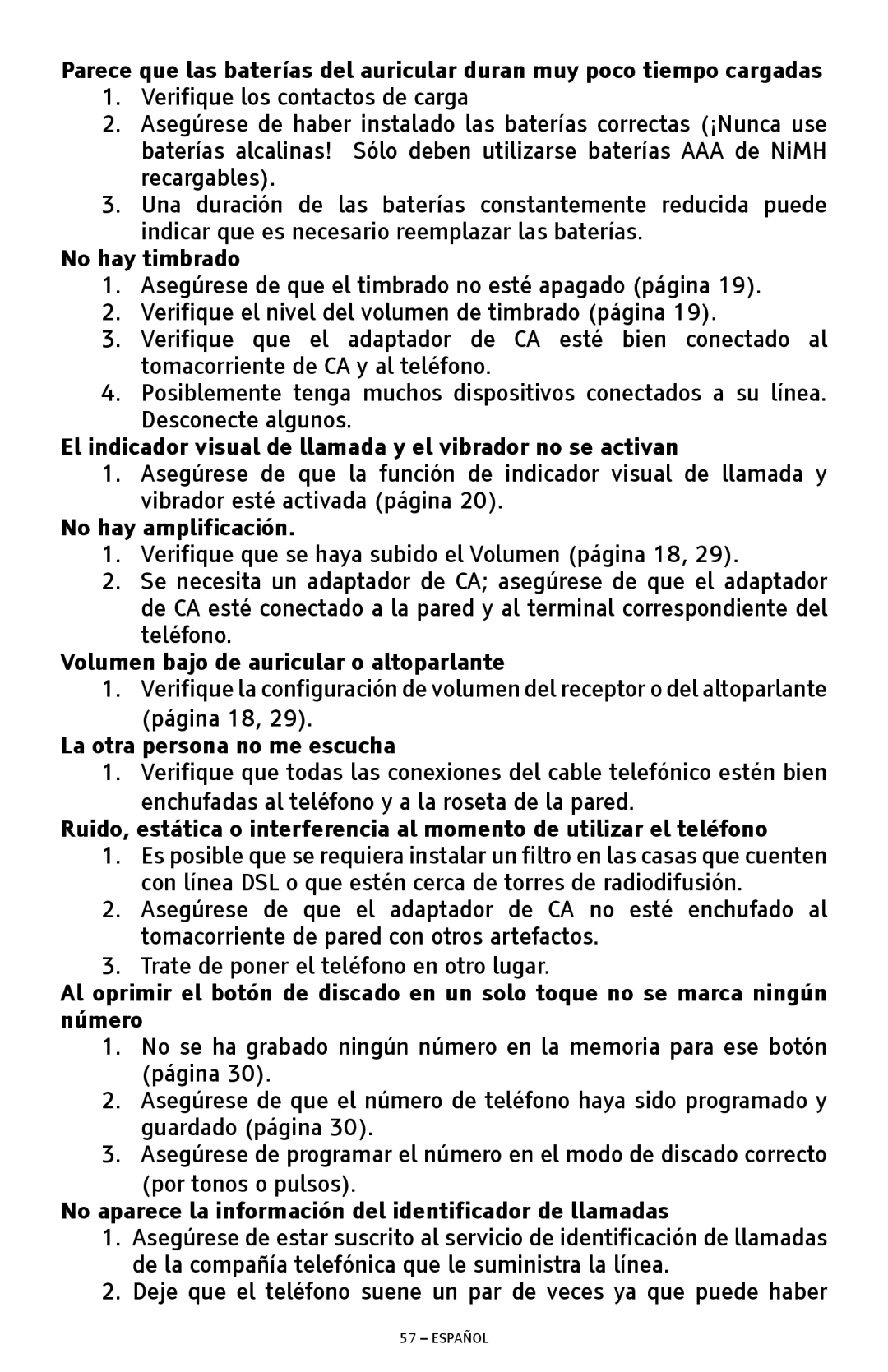 ClearSounds A300 manual No hay timbrado, El indicador visual de llamada y el vibrador no se activan, No hay amplificación 