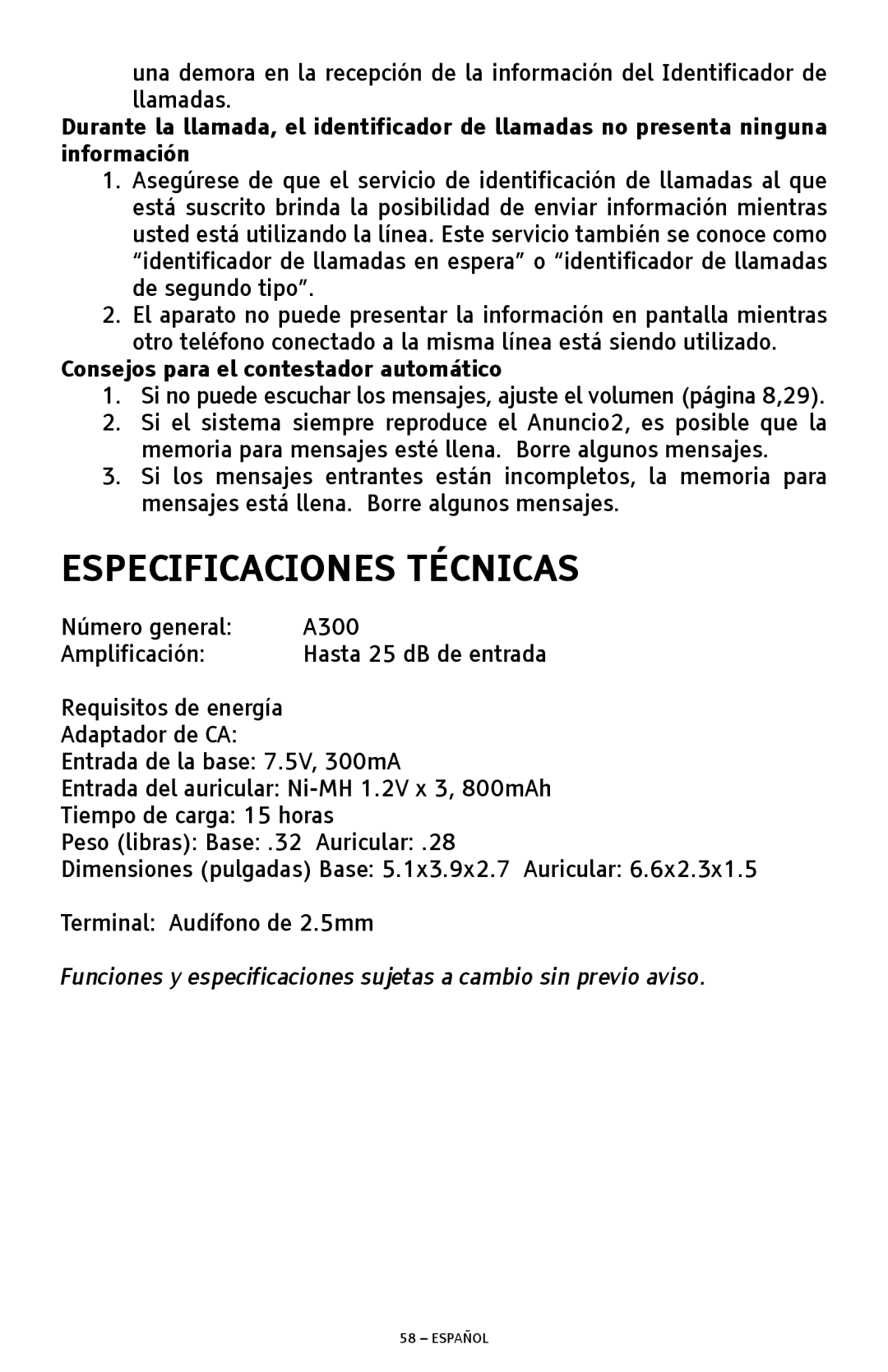 ClearSounds A300 manual Especificaciones Técnicas, Consejos para el contestador automático 