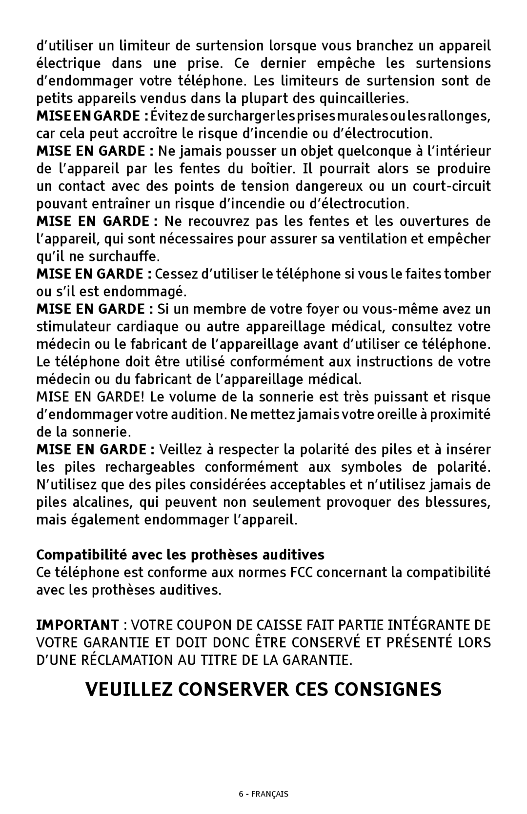 ClearSounds A300 manual Veuillez Conserver CES Consignes, Compatibilité avec les prothèses auditives 