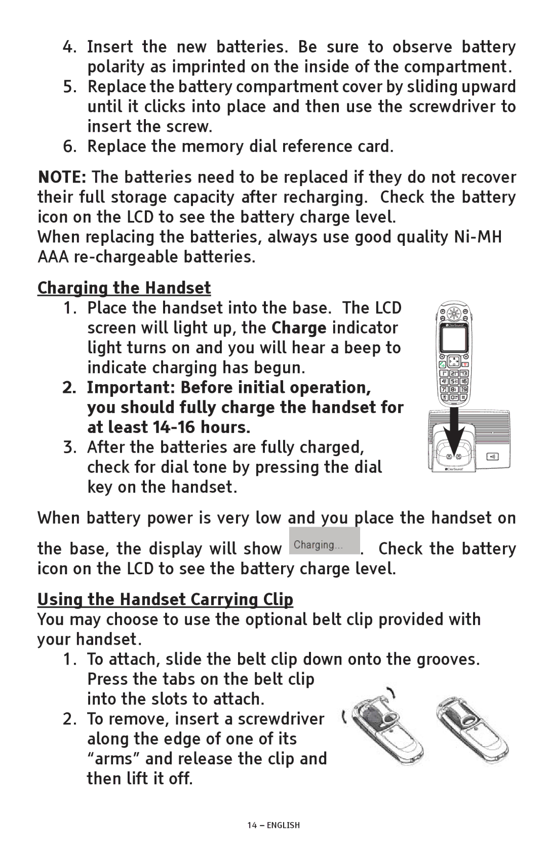 ClearSounds A300 manual Charging the Handset, Using the Handset Carrying Clip 