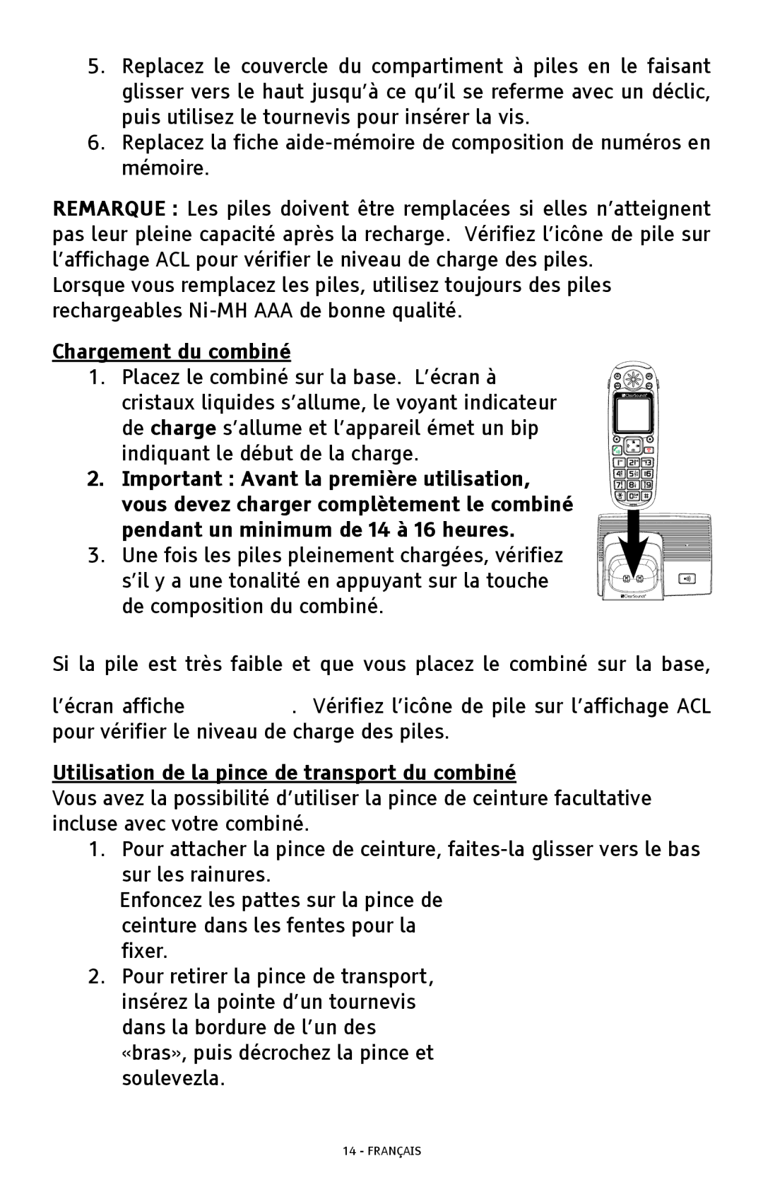 ClearSounds A300 manual Chargement du combiné, Utilisation de la pince de transport du combiné 