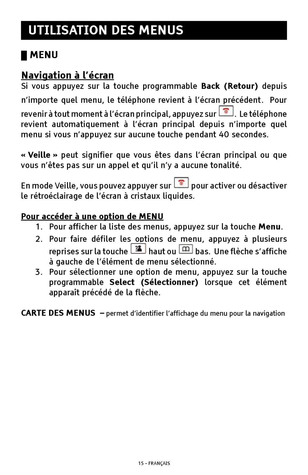 ClearSounds A300 manual Utilisation DES Menus, Navigation à l’écran, Pour accéder à une option de Menu 