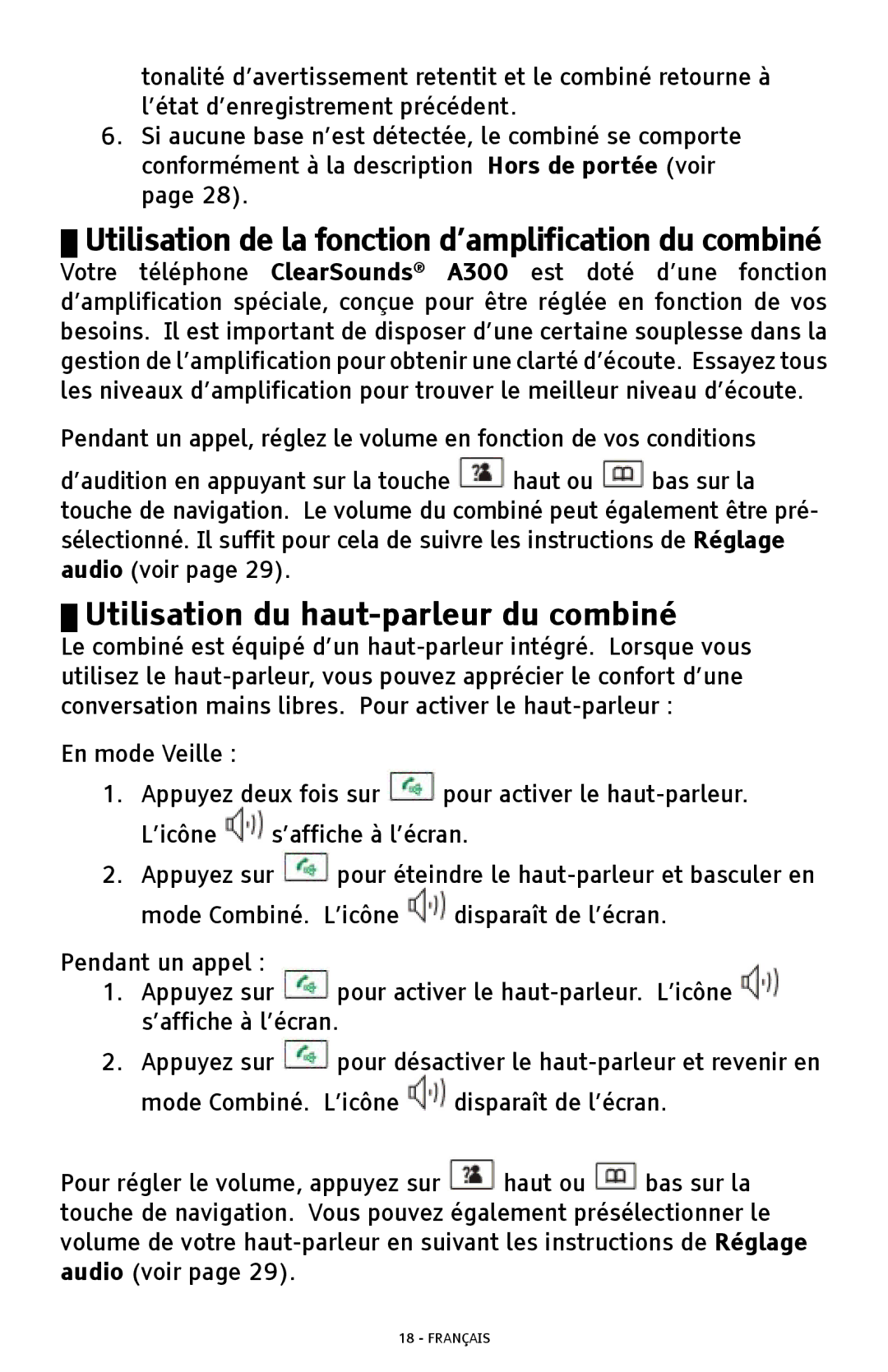 ClearSounds A300 manual Utilisation de la fonction d’amplification du combiné, Utilisation du haut-parleur du combiné 