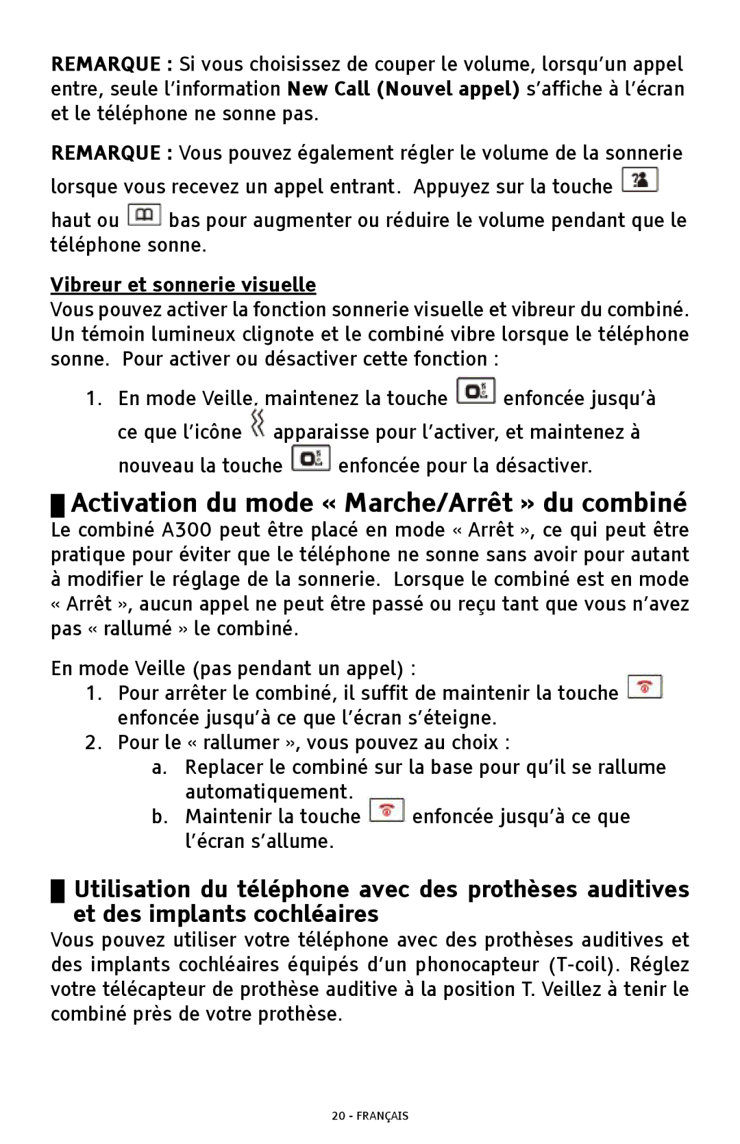 ClearSounds A300 manual Activation du mode « Marche/Arrêt » du combiné, Vibreur et sonnerie visuelle 